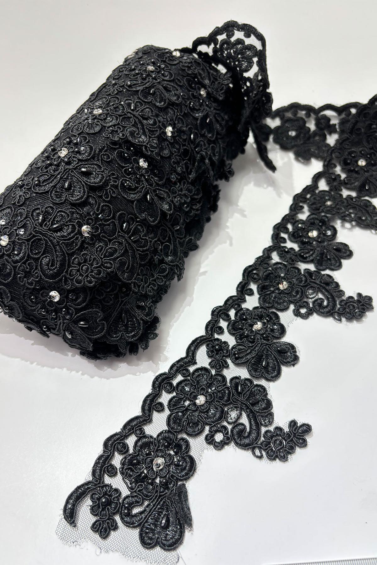 Taşlı Boncuk İşlemeli Kenar Fransız Danteli Güpür