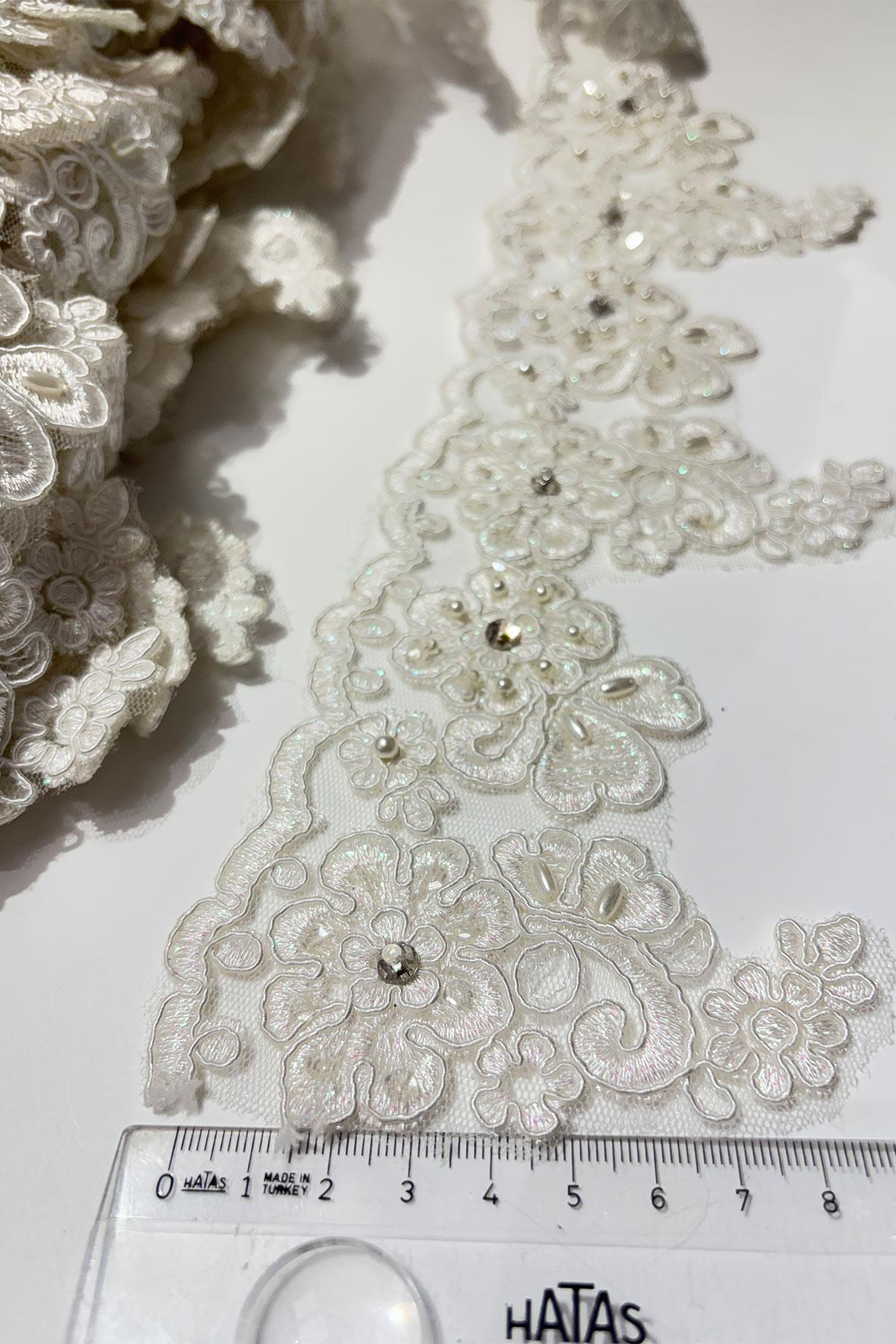 Taşlı Boncuk İşlemeli Kenar Fransız Danteli Güpür