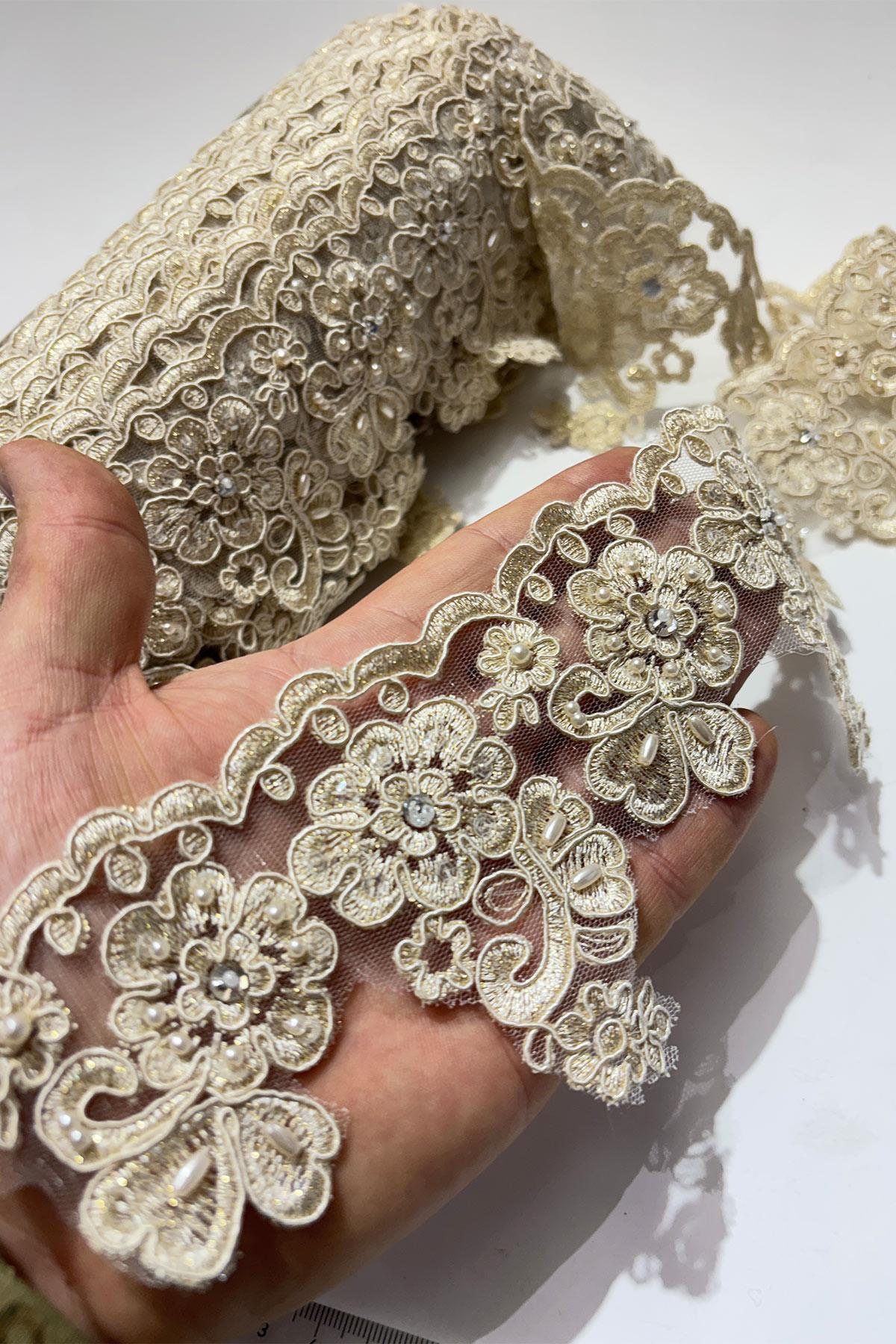 Taşlı Boncuk İşlemeli Kenar Fransız Danteli Güpür