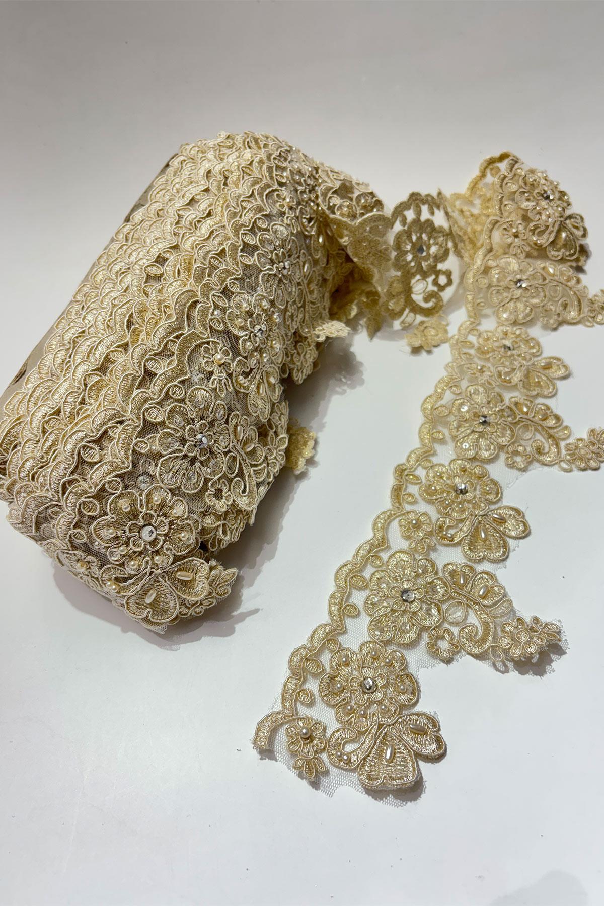 Taşlı Boncuk İşlemeli Kenar Fransız Danteli Güpür