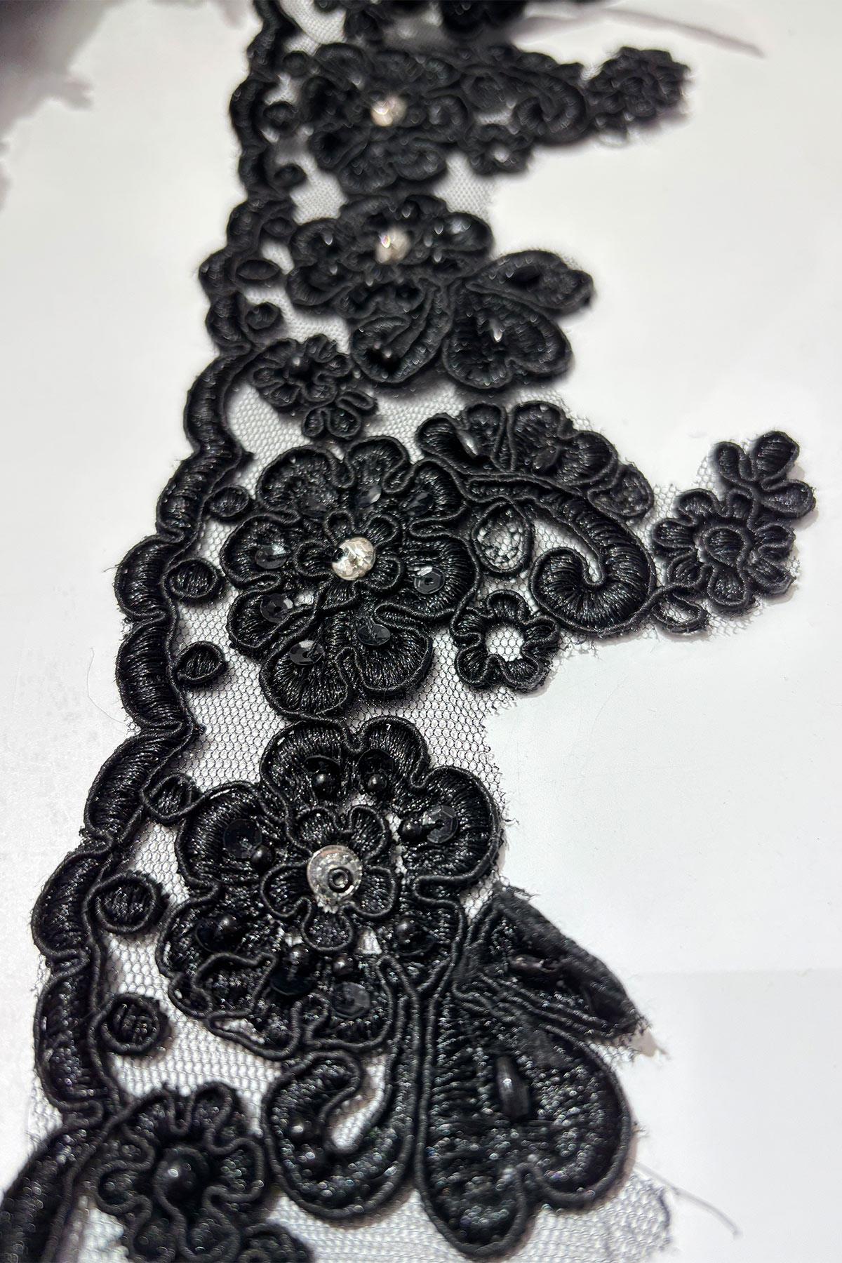 Taşlı Boncuk İşlemeli Kenar Fransız Danteli Güpür