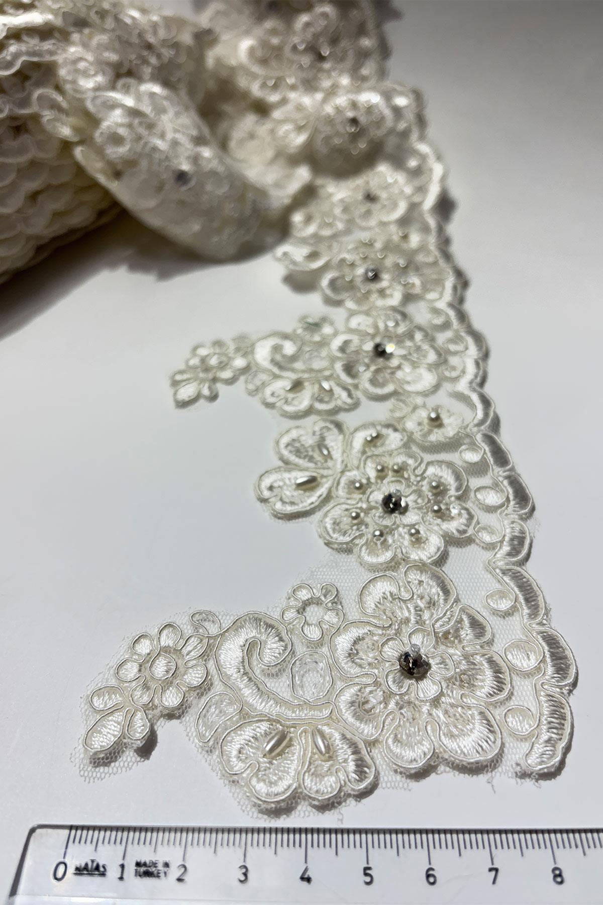 Taşlı Boncuk İşlemeli Kenar Fransız Danteli Güpür