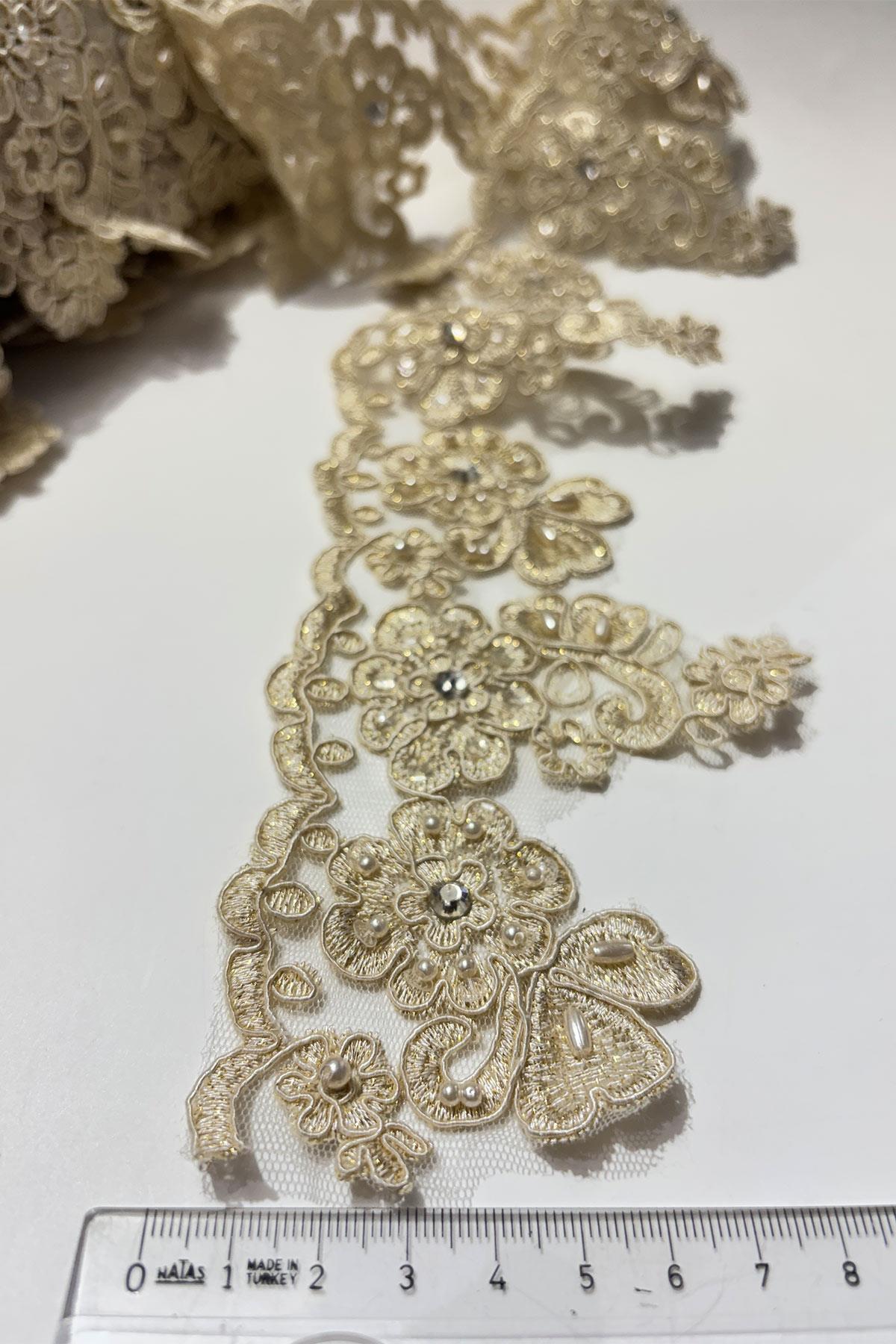 Taşlı Boncuk İşlemeli Kenar Fransız Danteli Güpür