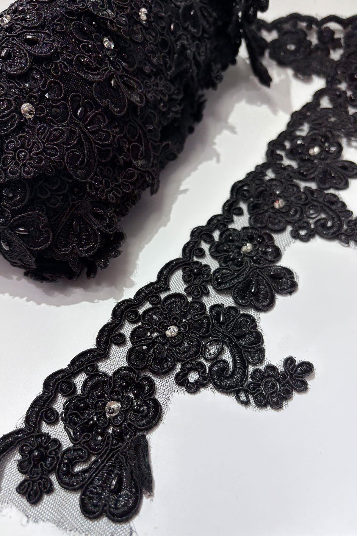 Taşlı Boncuk İşlemeli Kenar Fransız Danteli Güpür