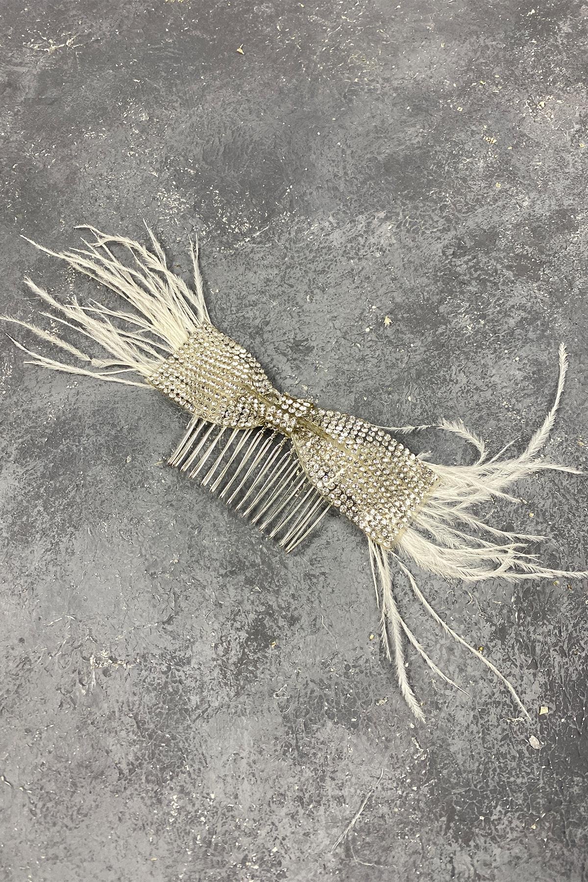 Taşlı Fiyonk Ve Tüylü Taraklı Dış Çekim Gelin Saç Tokası