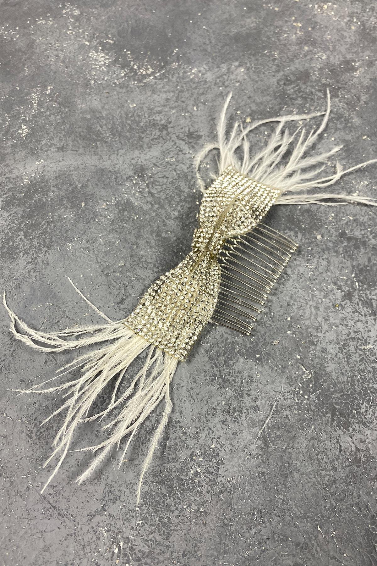 Taşlı Fiyonk Ve Tüylü Taraklı Dış Çekim Gelin Saç Tokası