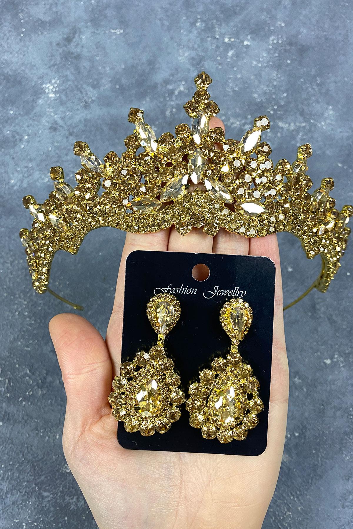 Tokyo Taşlı Gelin Kına Tacı Ve Mekik Küpe Seti