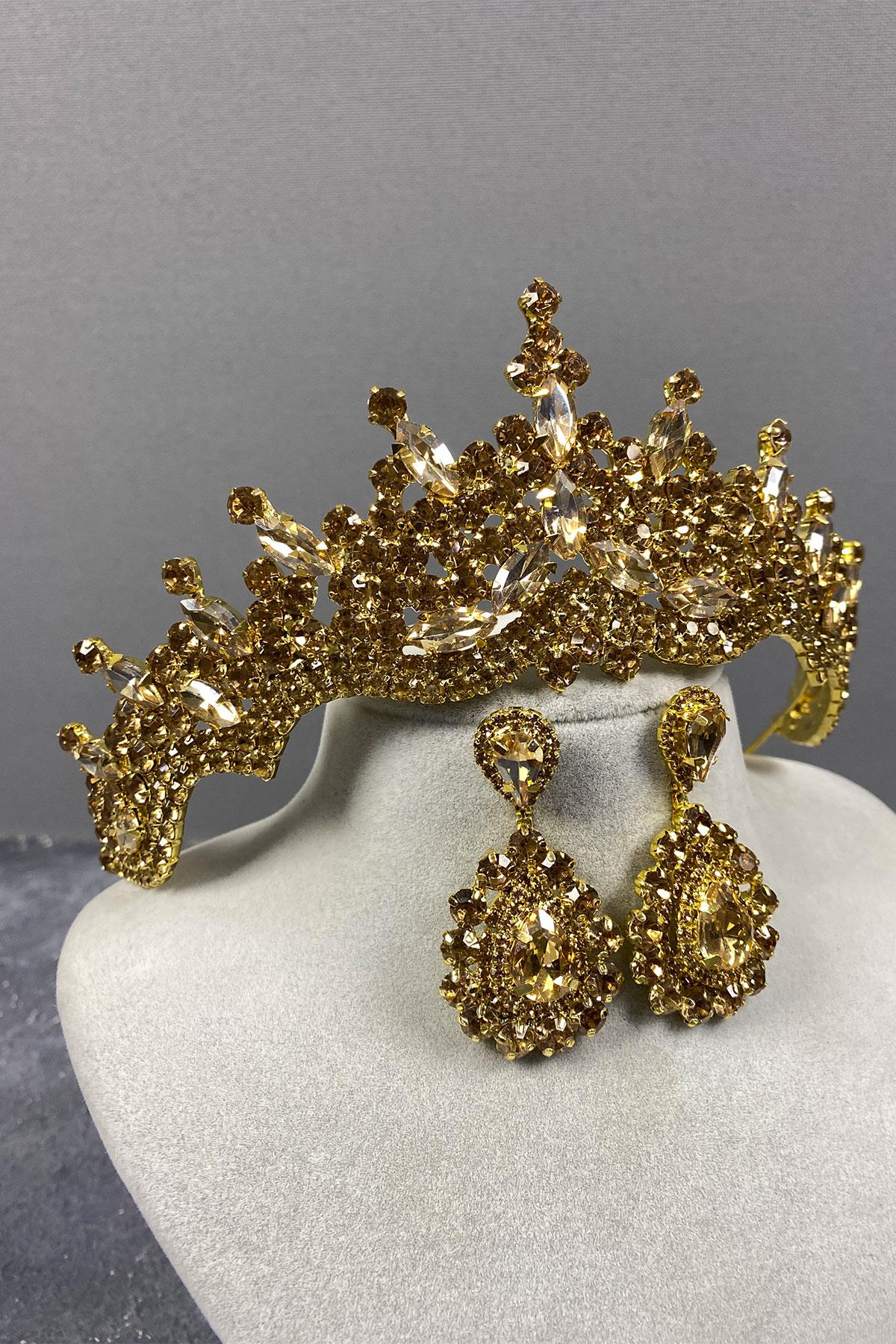 Tokyo Taşlı Gelin Kına Tacı Ve Mekik Küpe Seti