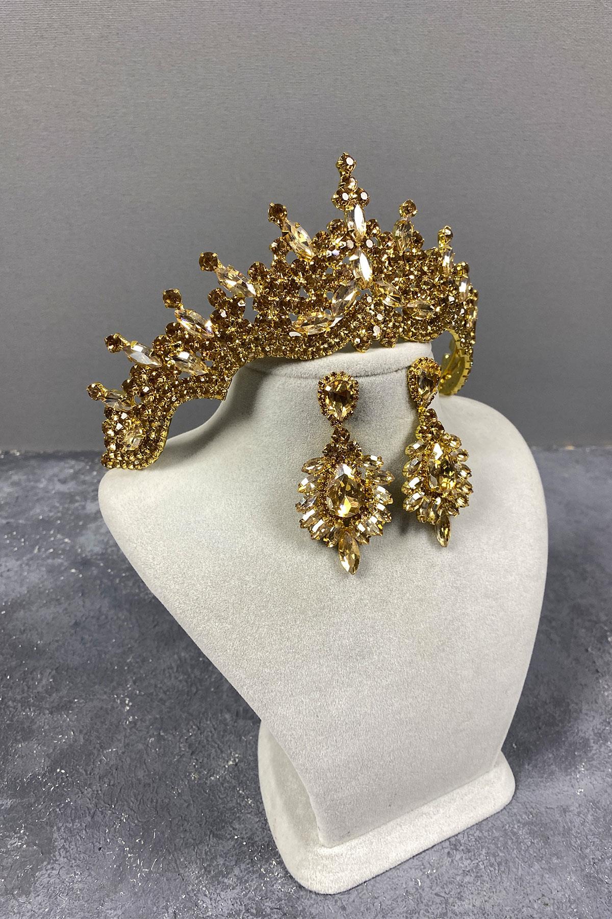 Tokyo Taşlı Gelin Kına Tacı Ve Mekik Küpe Seti