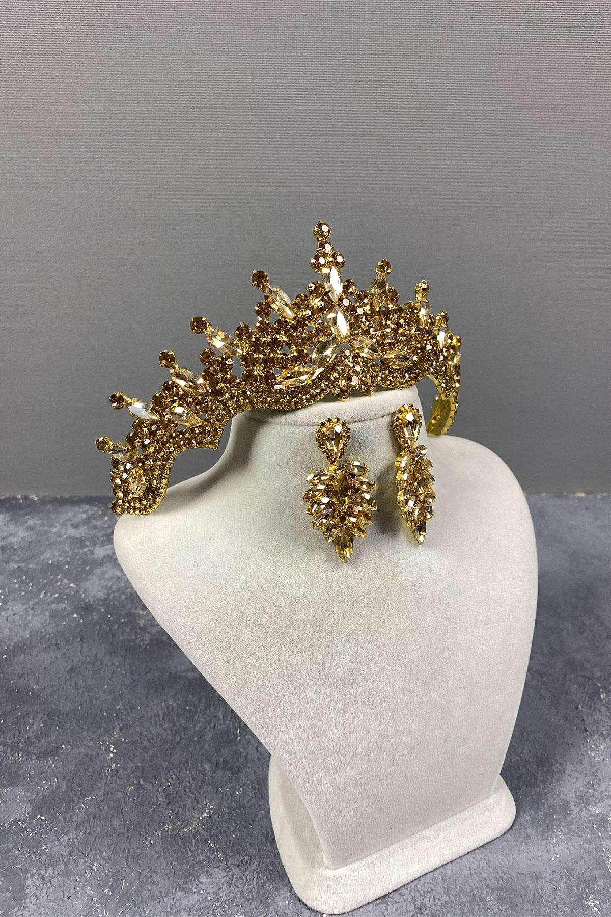 Tokyo Taşlı Gelin Kına Tacı Ve Mekik Küpe Seti