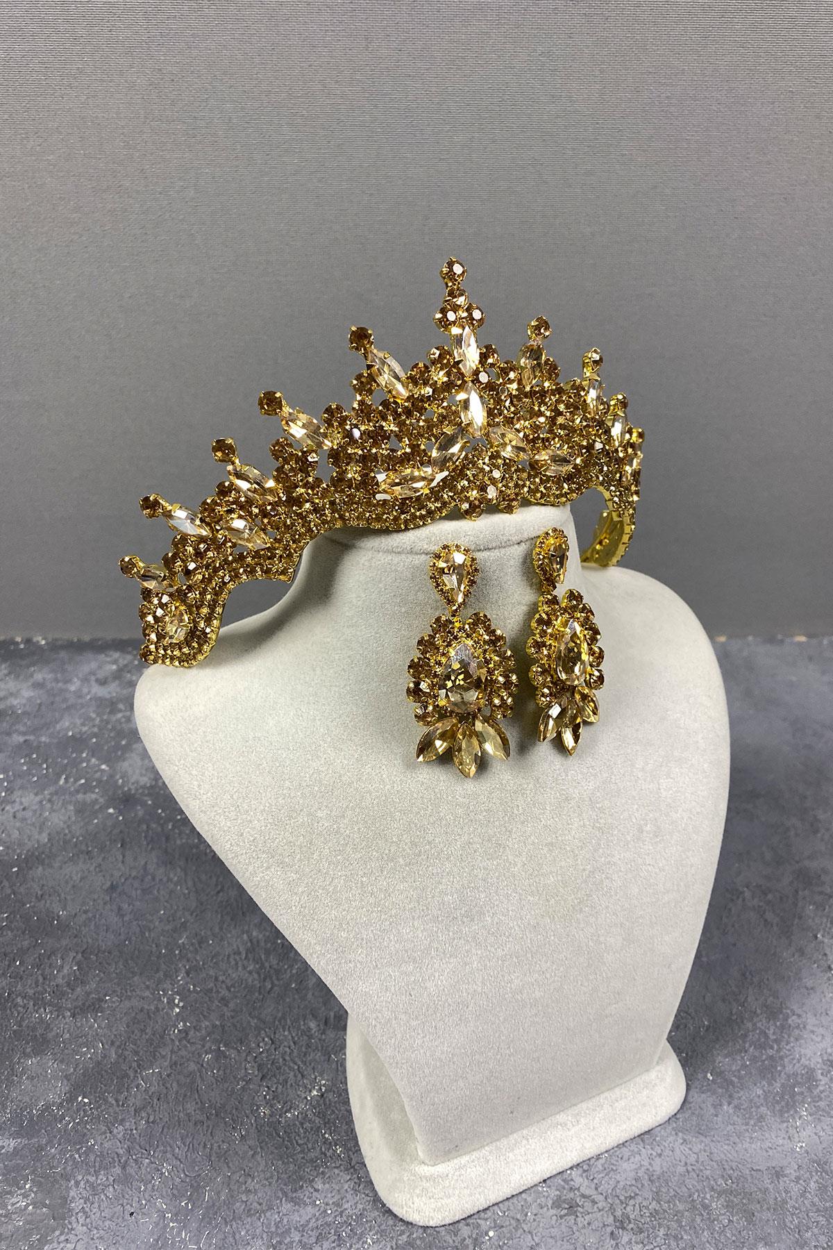 Tokyo Taşlı Gelin Kına Tacı Ve Mekik Küpe Seti