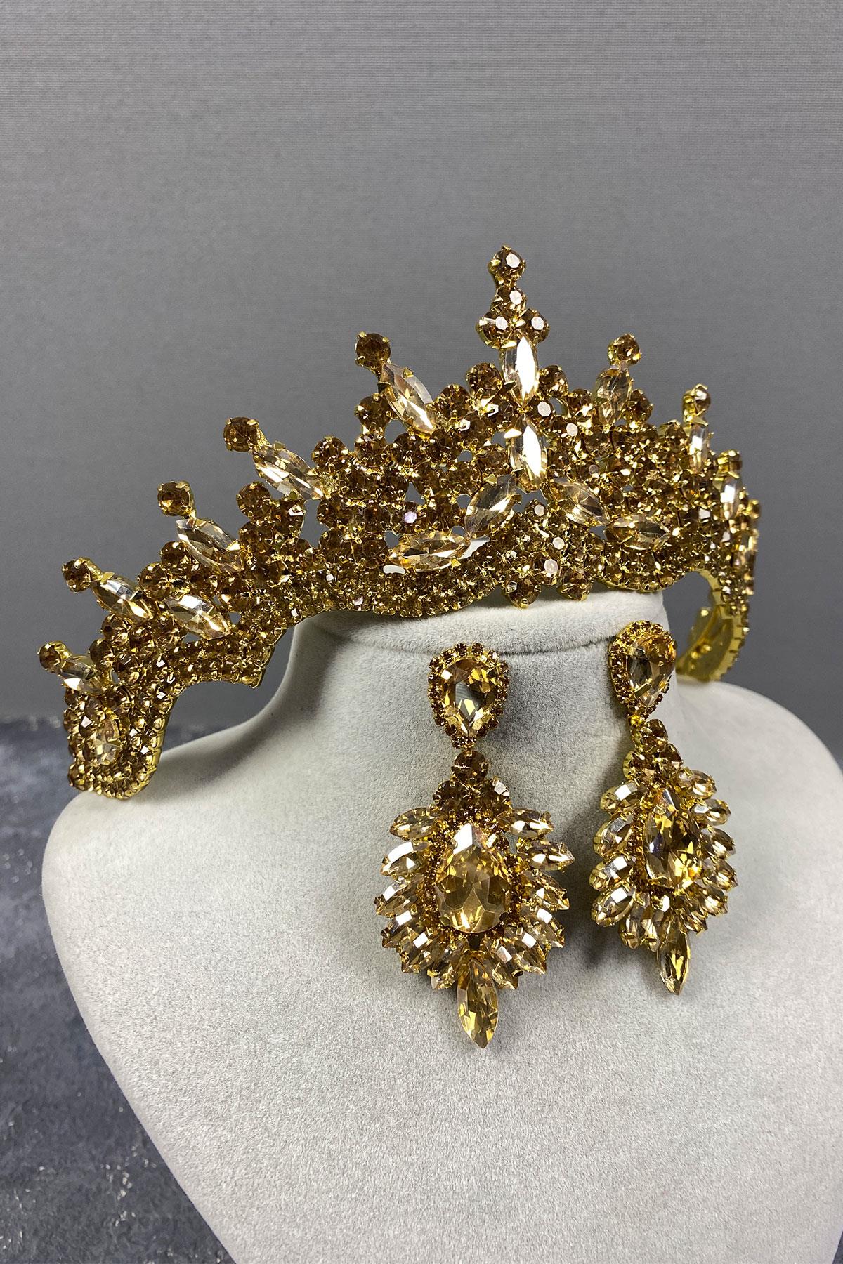 Tokyo Taşlı Gelin Kına Tacı Ve Mekik Küpe Seti