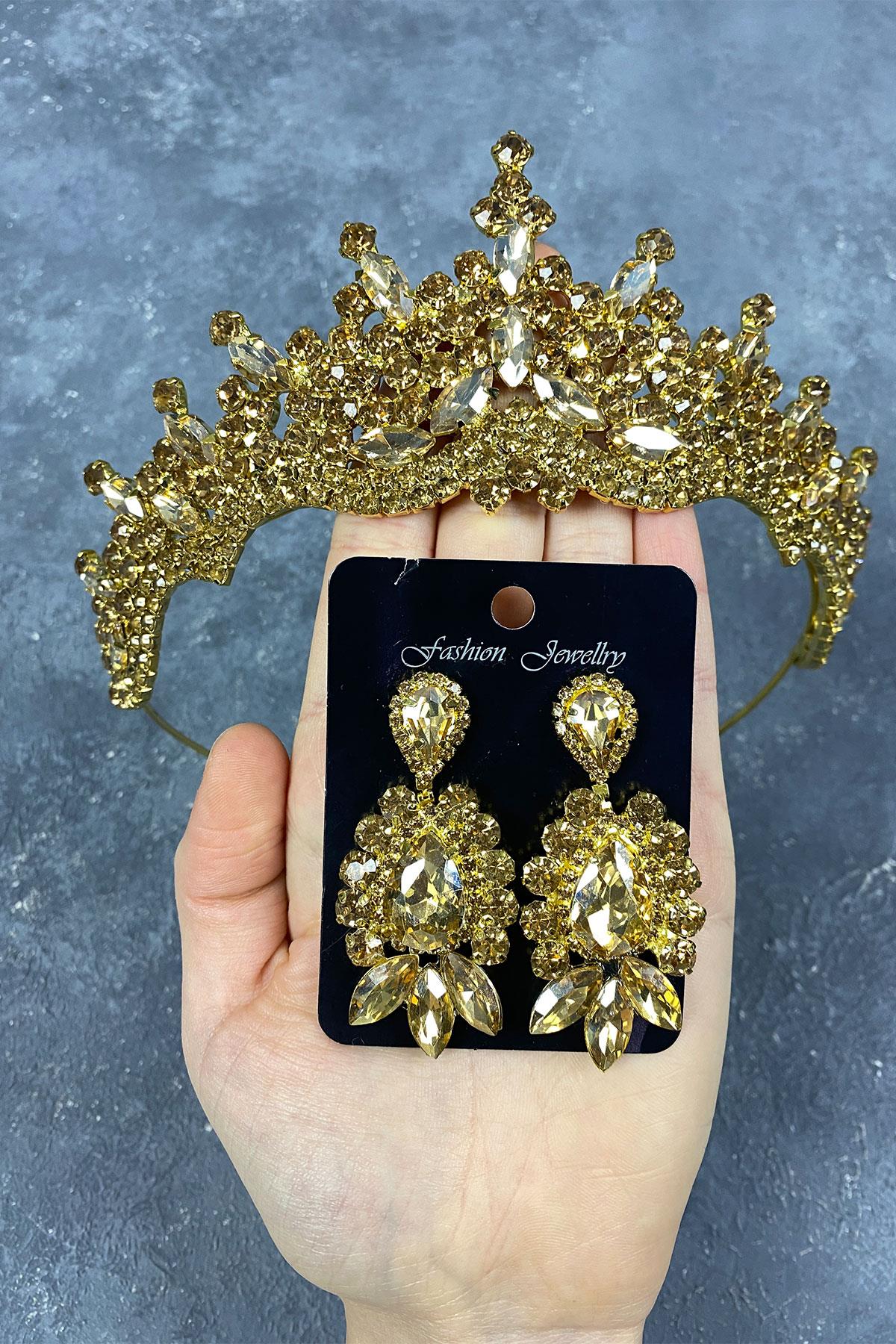 Tokyo Taşlı Gelin Kına Tacı Ve Mekik Küpe Seti