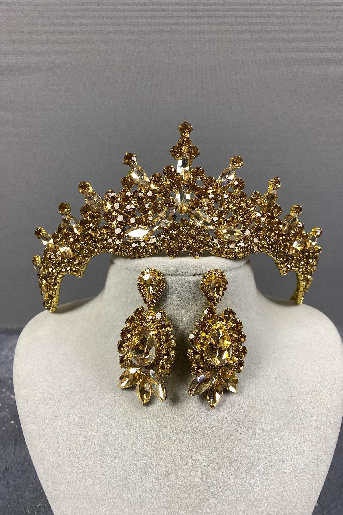 Tokyo Taşlı Gelin Kına Tacı Ve Mekik Küpe Seti