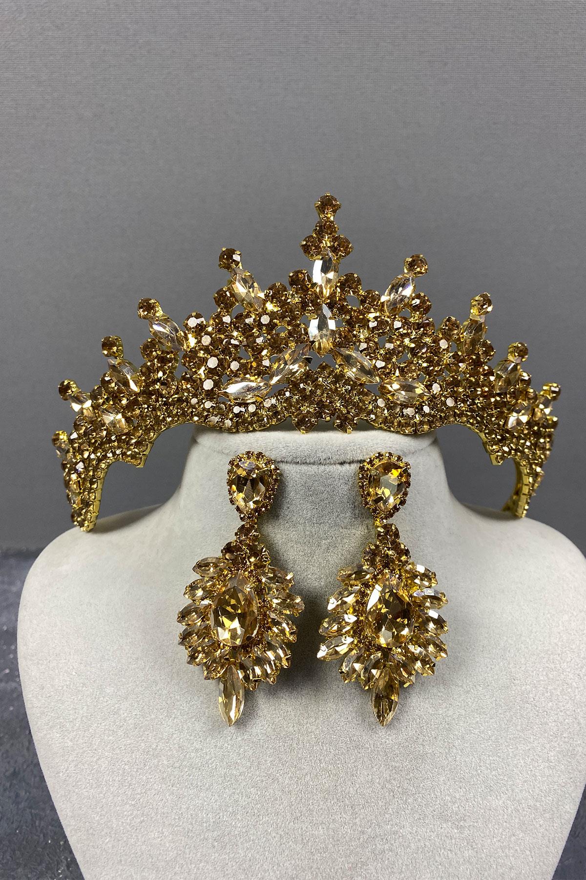 Tokyo Taşlı Gelin Kına Tacı Ve Mekik Küpe Seti