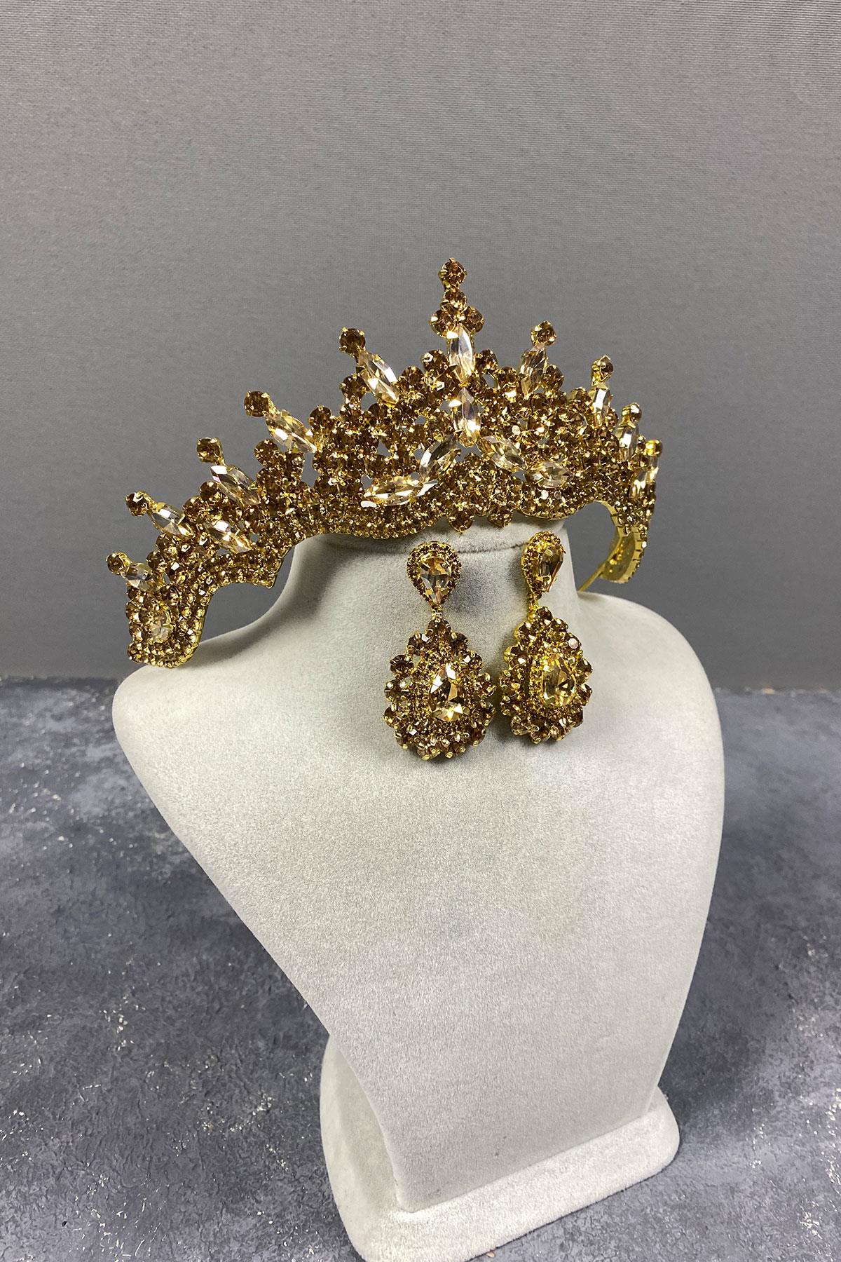 Tokyo Taşlı Gelin Kına Tacı Ve Mekik Küpe Seti