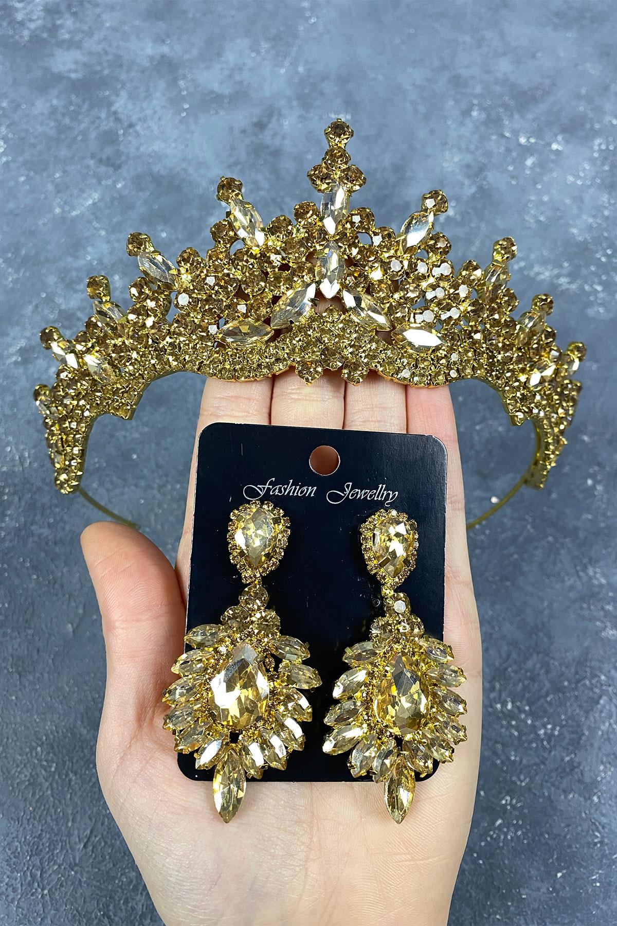 Tokyo Taşlı Gelin Kına Tacı Ve Mekik Küpe Seti