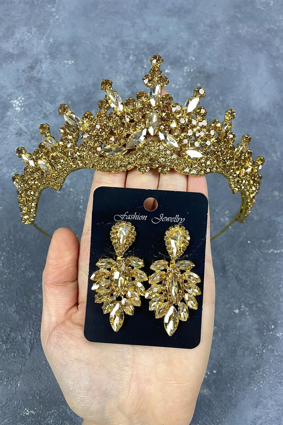 Tokyo Taşlı Gelin Kına Tacı Ve Mekik Küpe Seti