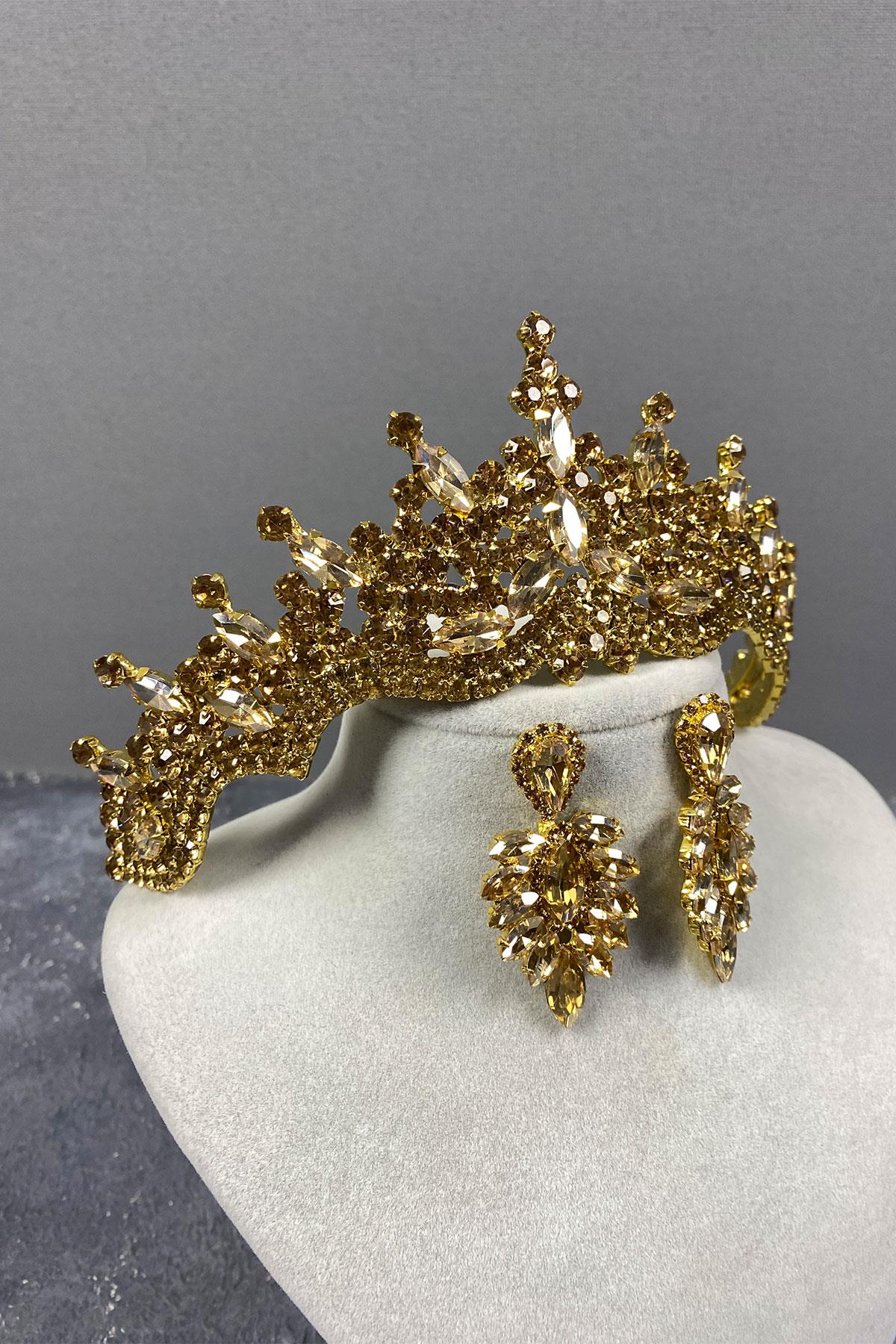 Tokyo Taşlı Gelin Kına Tacı Ve Mekik Küpe Seti