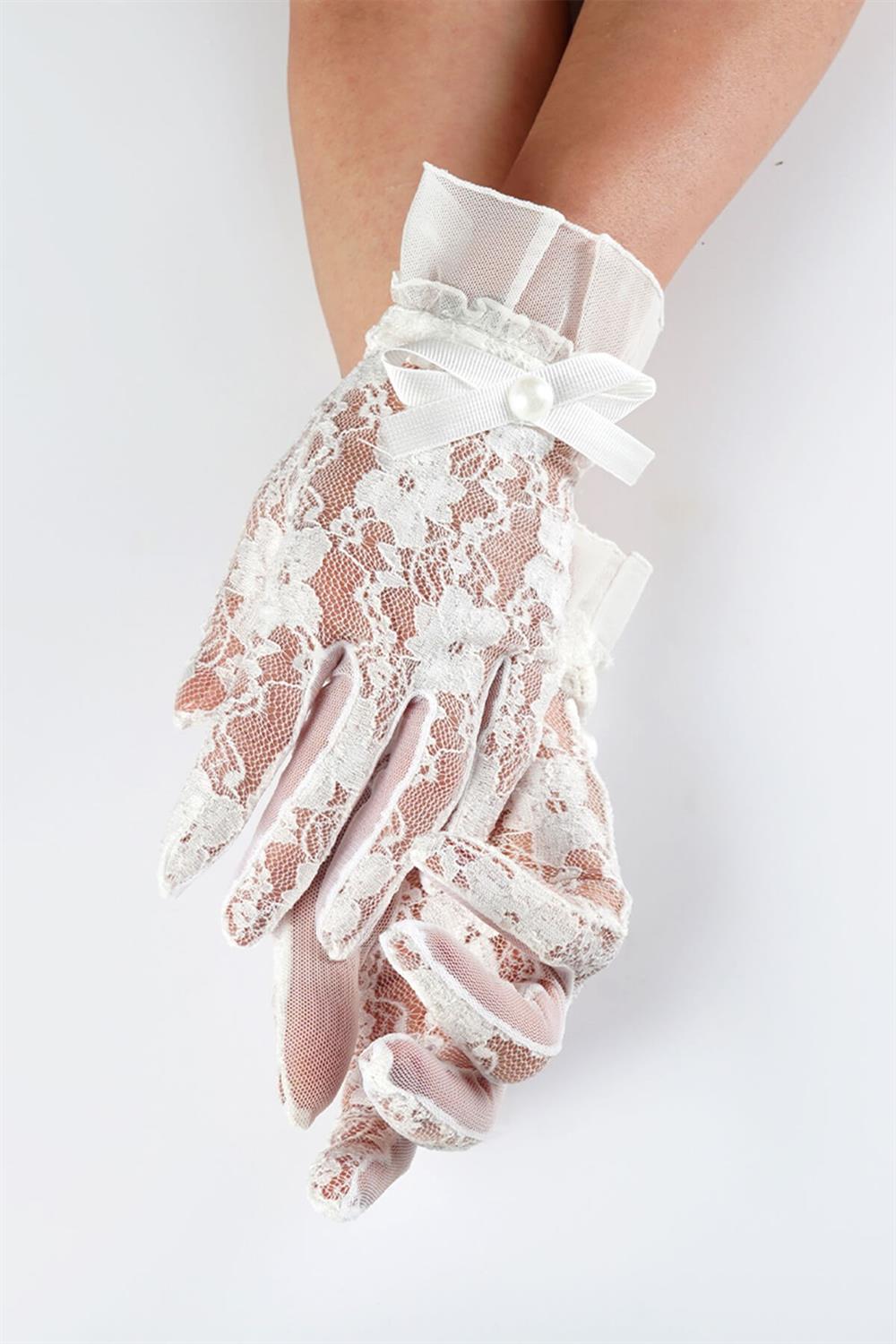 Toptan Beyaz  Dantel Detaylı Gelin Eldiveni