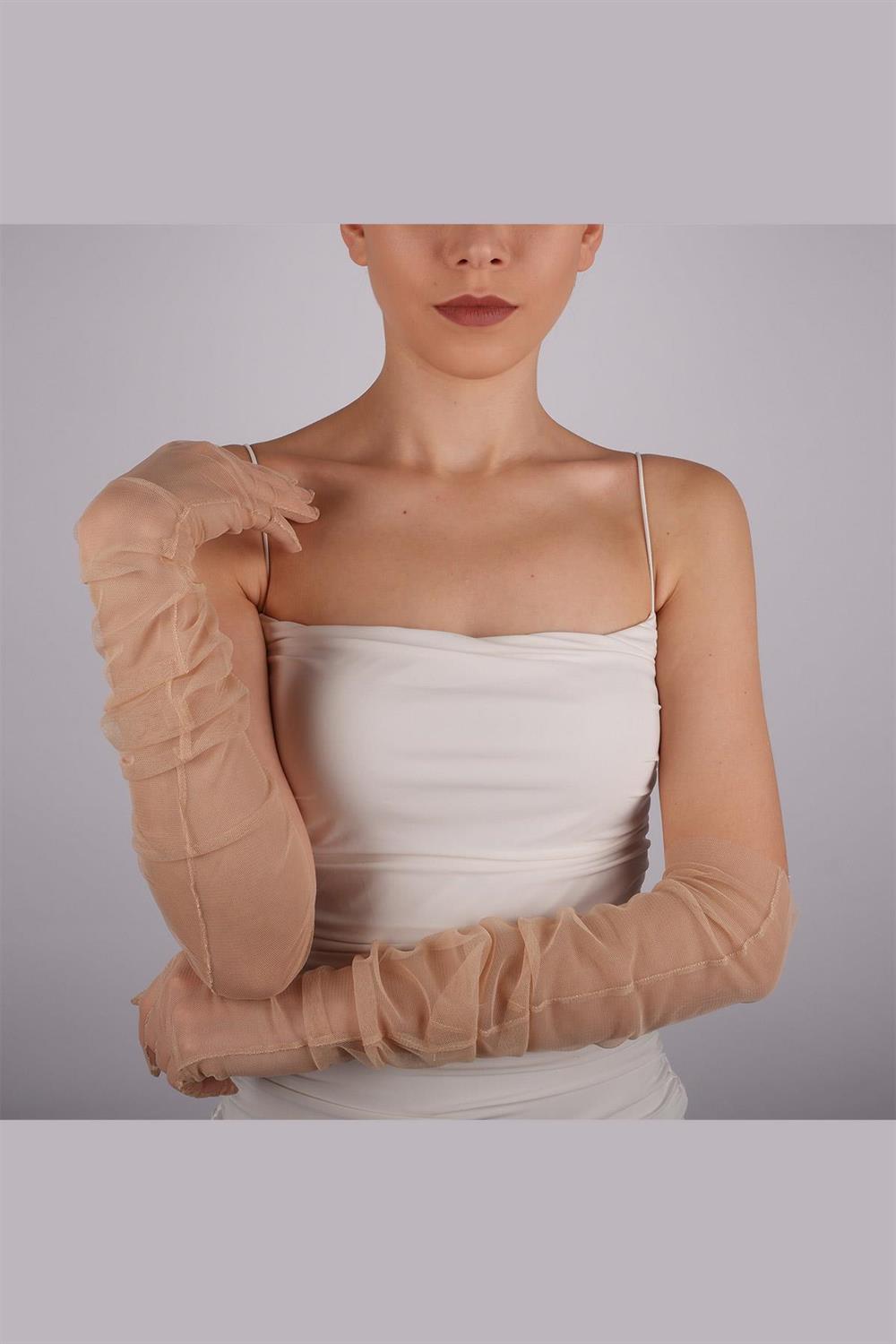 Toptan Ten Rengi Uzun Şık Gelin Eldiveni Tül Eldiven Nikah/Düğün/Parti/Kostüm Eldiveni