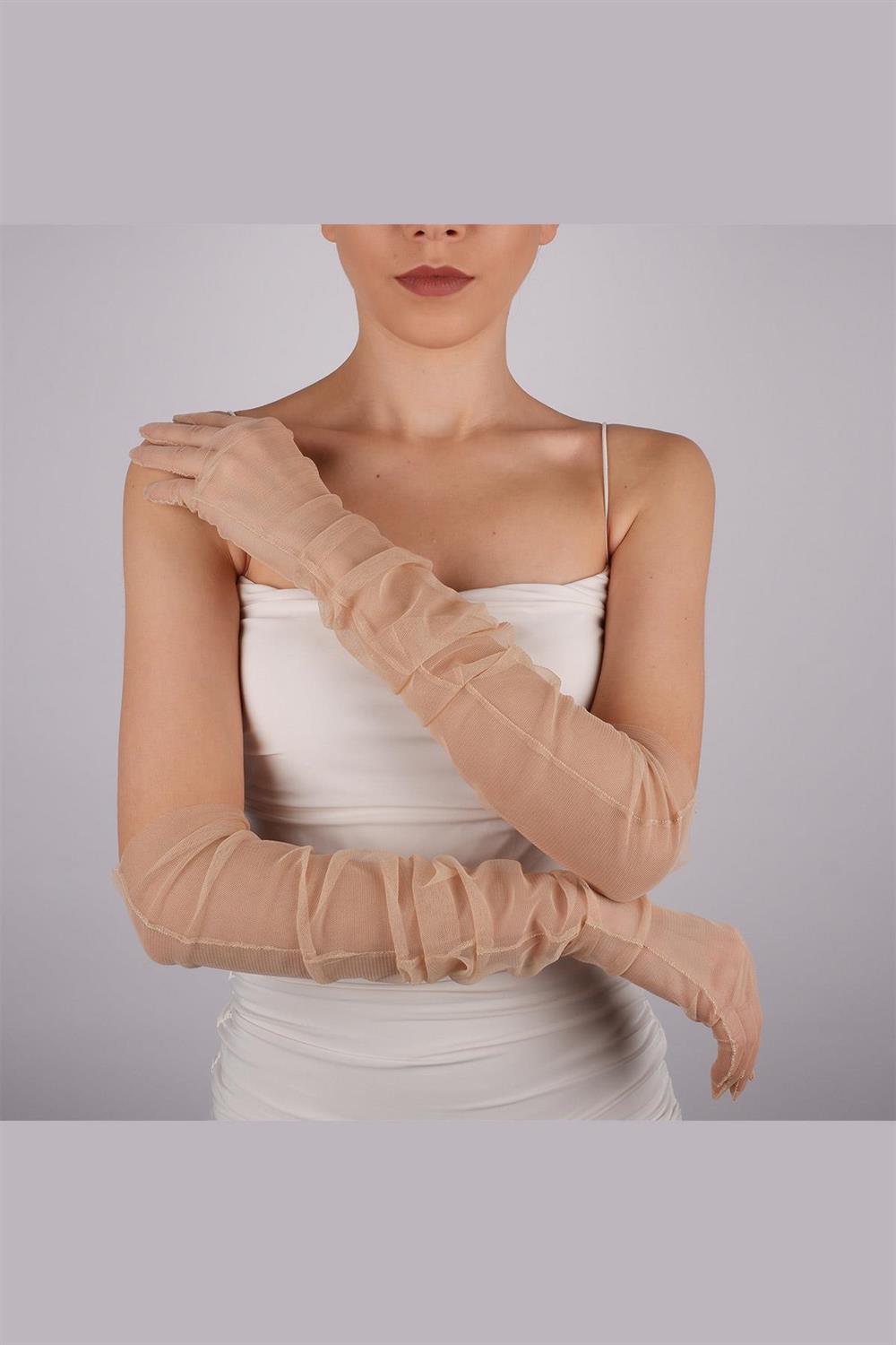 Toptan Ten Rengi Uzun Şık Gelin Eldiveni Tül Eldiven Nikah/Düğün/Parti/Kostüm Eldiveni