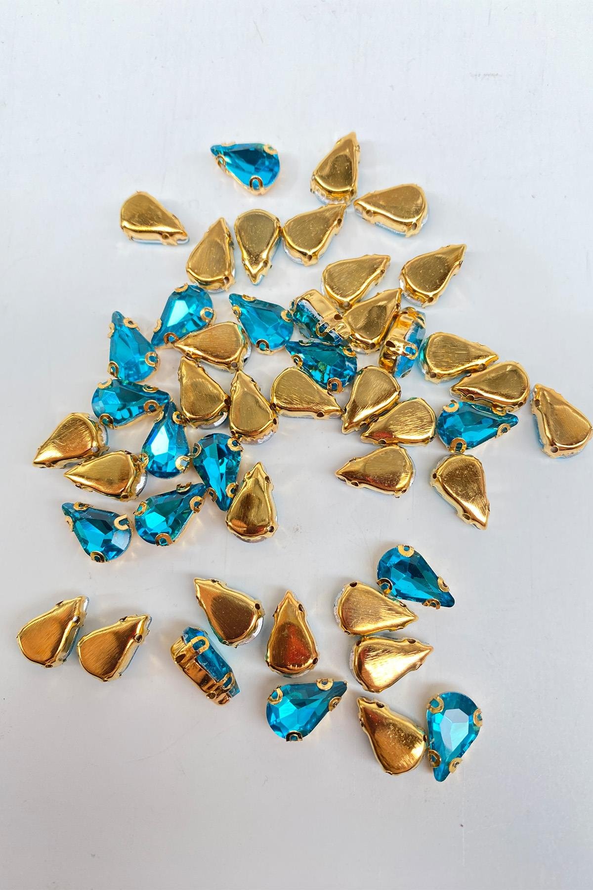 Turkuaz Gold Zeminli Dikme Parlak Cam Damla Boncuk 10 Adet