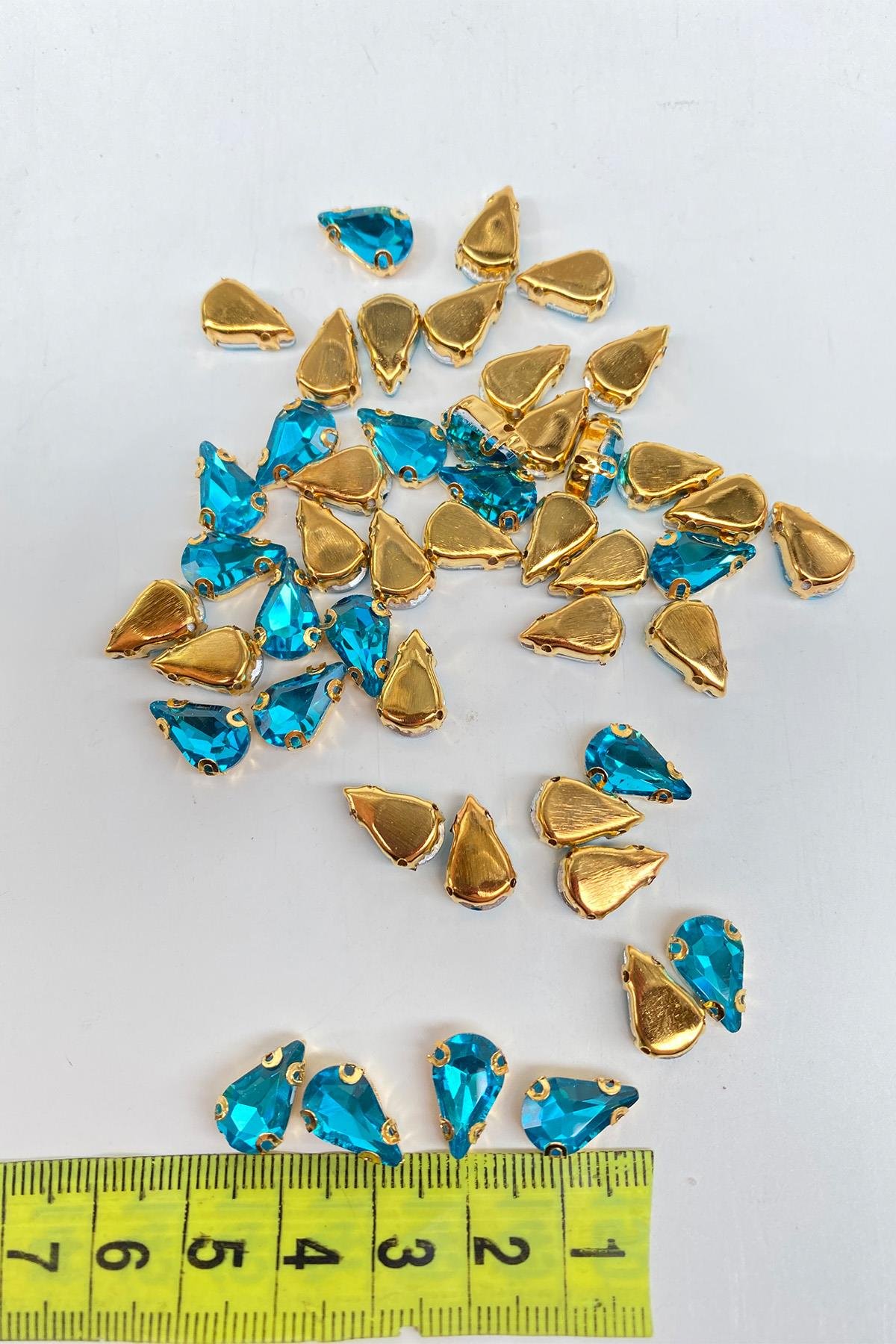 Turkuaz Gold Zeminli Dikme Parlak Cam Damla Boncuk 10 Adet