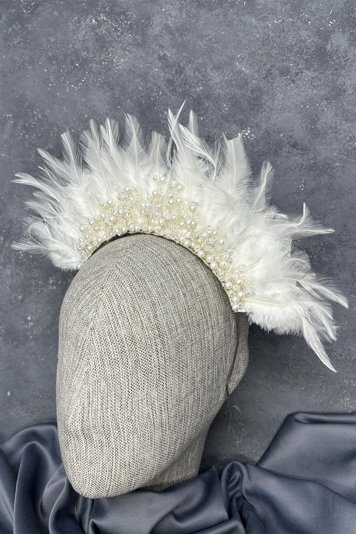 Tüylü Kristal Boncuklu Arden Gelin Kına Tacı