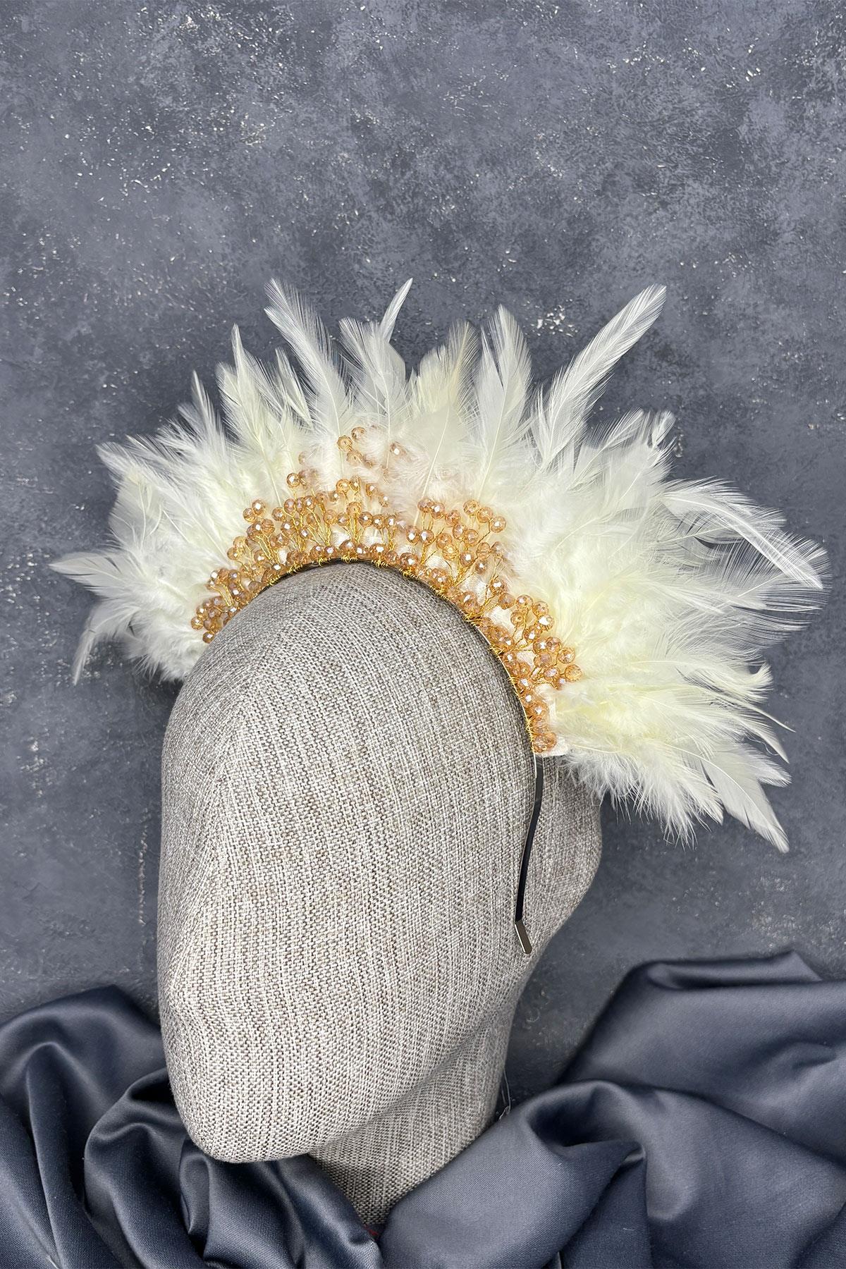 Tüylü Kristal Boncuklu Arden Gelin Kına Tacı