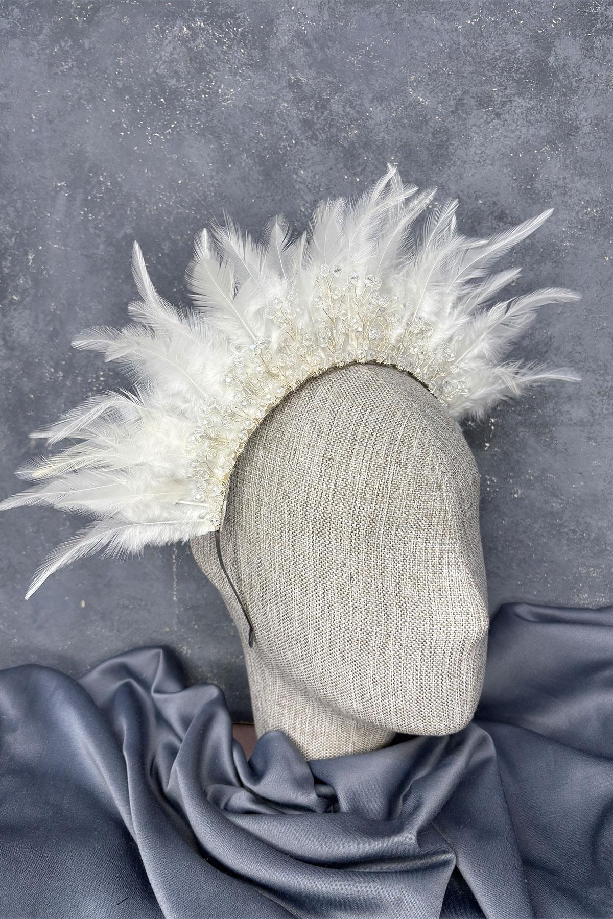 Tüylü Kristal Boncuklu Arden Gelin Kına Tacı