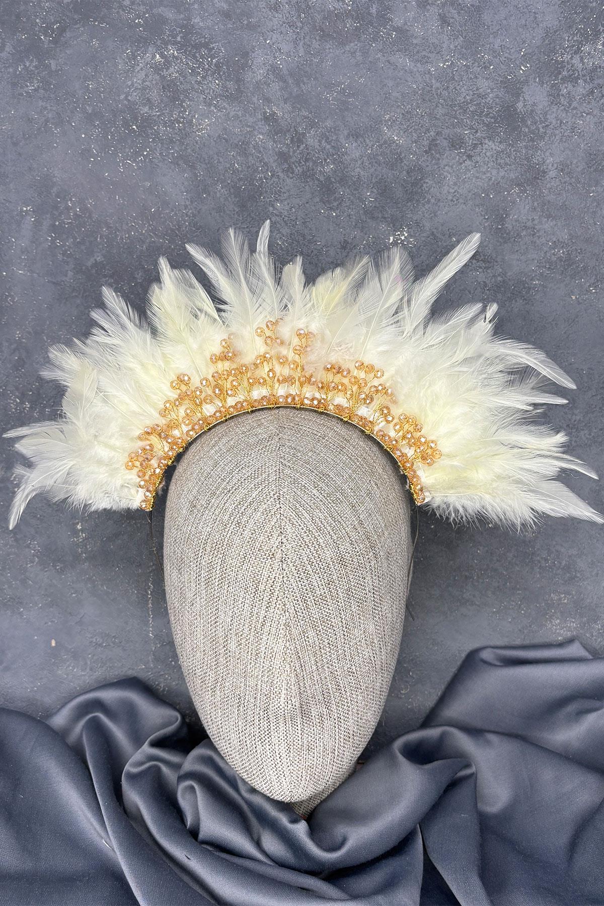 Tüylü Kristal Boncuklu Arden Gelin Kına Tacı