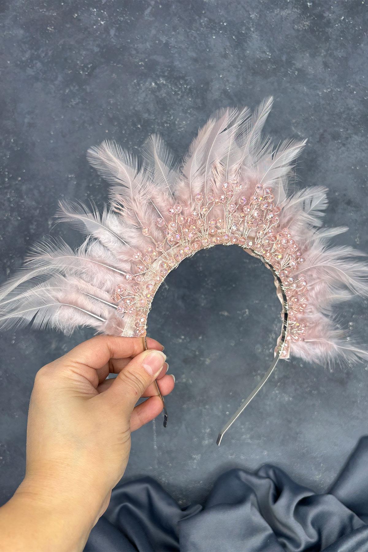 Tüylü Kristal Boncuklu Arden Gelin Kına Tacı