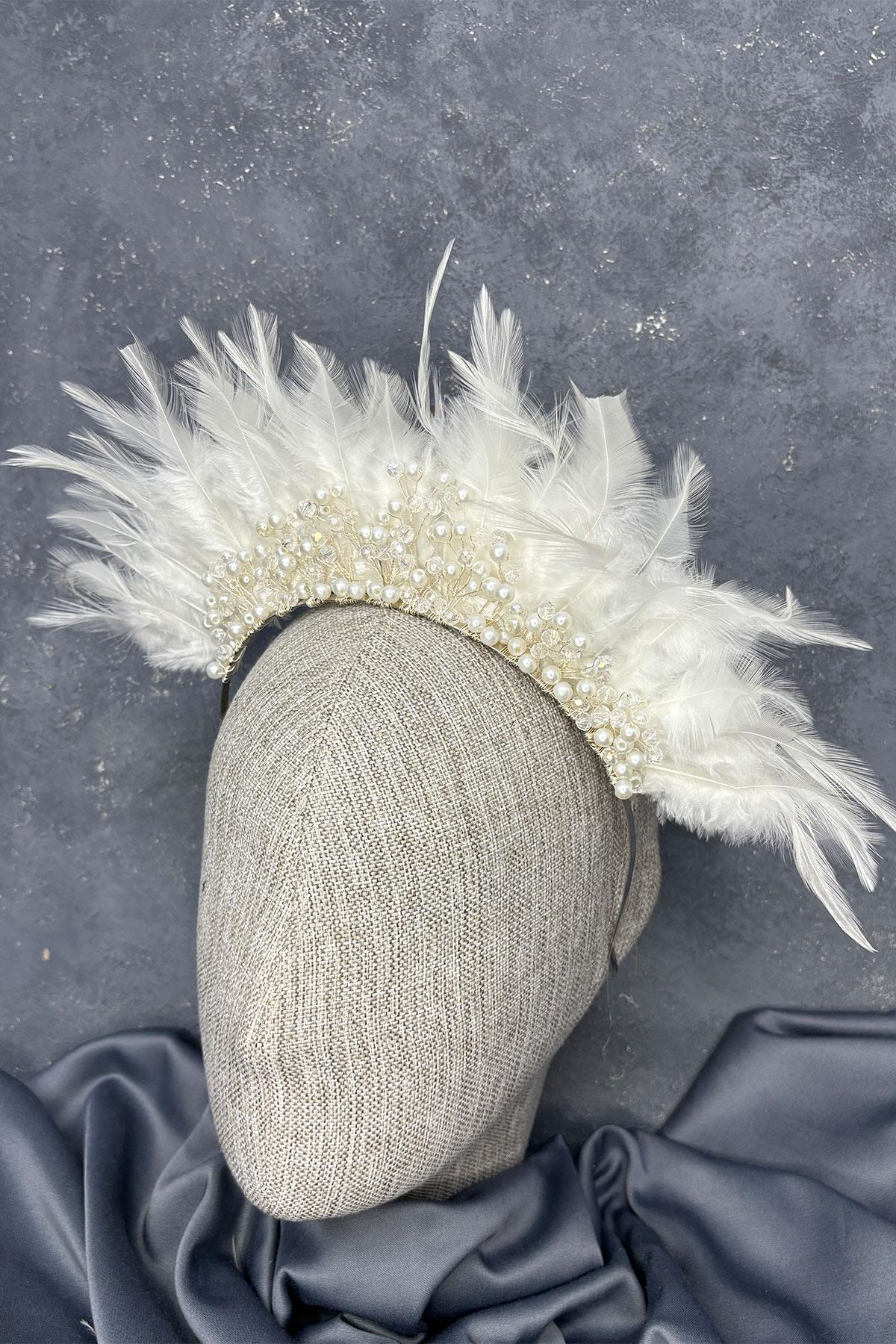 Tüylü Kristal Boncuklu Arden Gelin Kına Tacı