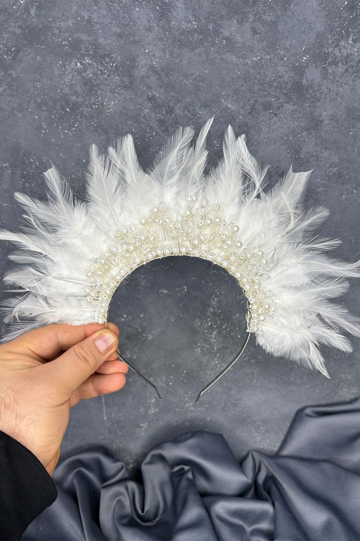 Tüylü Kristal Boncuklu Arden Gelin Kına Tacı