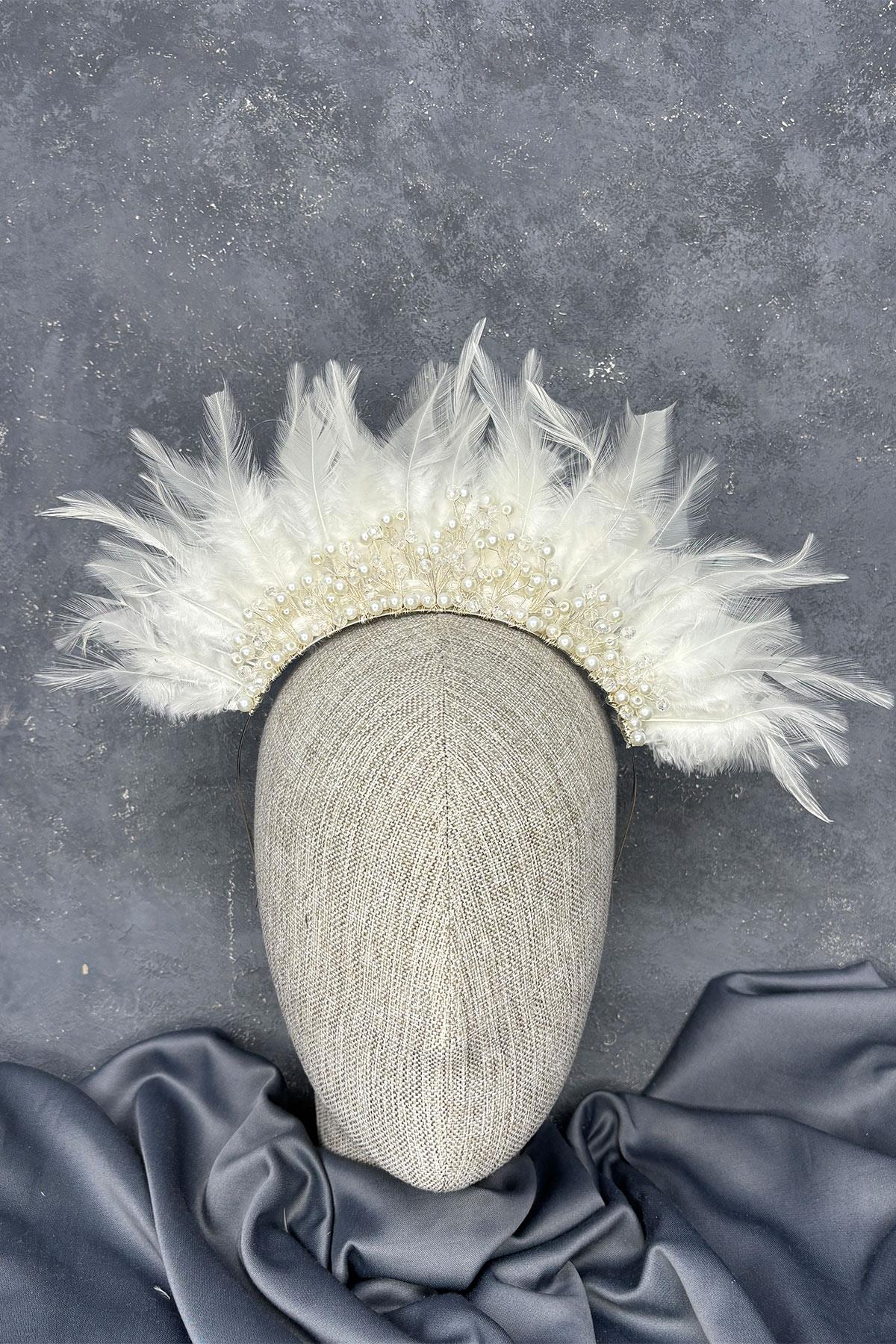 Tüylü Kristal Boncuklu Arden Gelin Kına Tacı