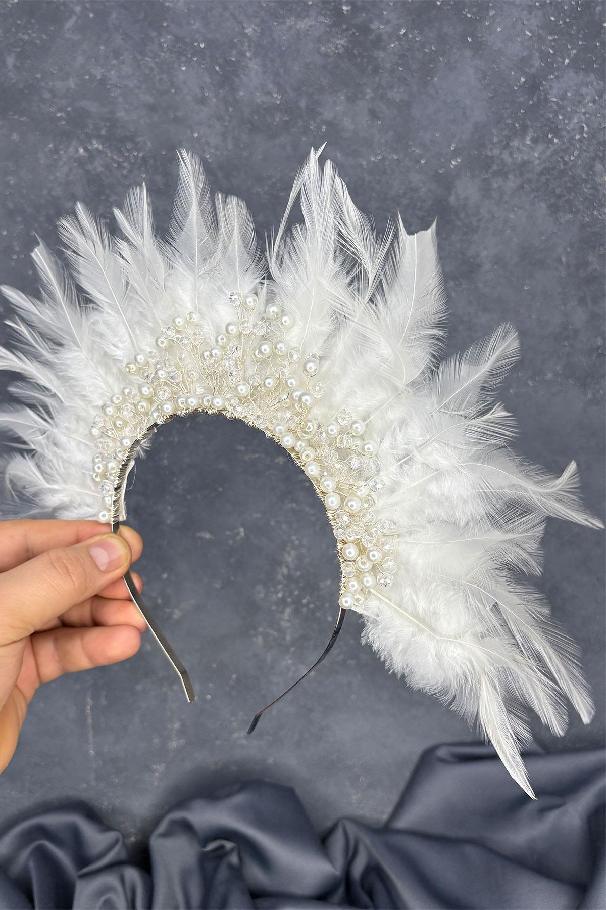 Tüylü Kristal Boncuklu Arden Gelin Kına Tacı