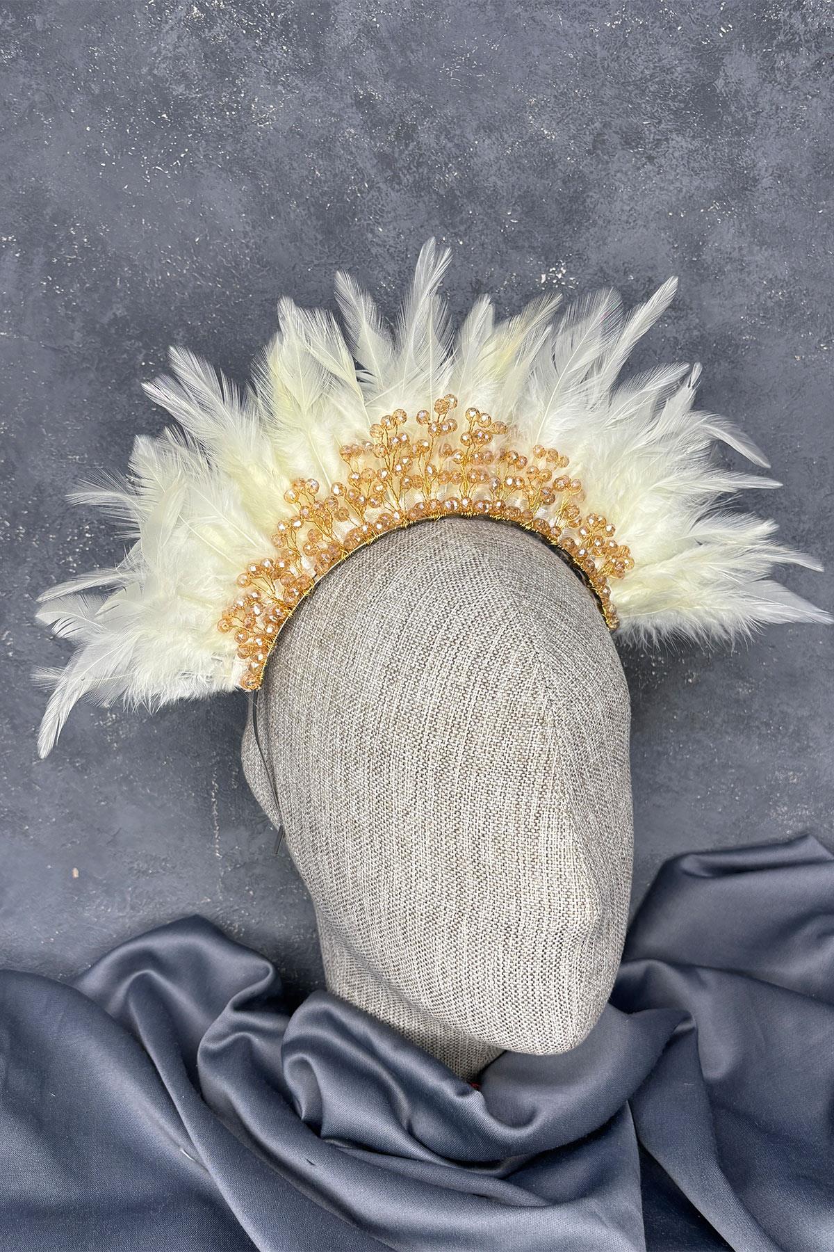 Tüylü Kristal Boncuklu Arden Gelin Kına Tacı