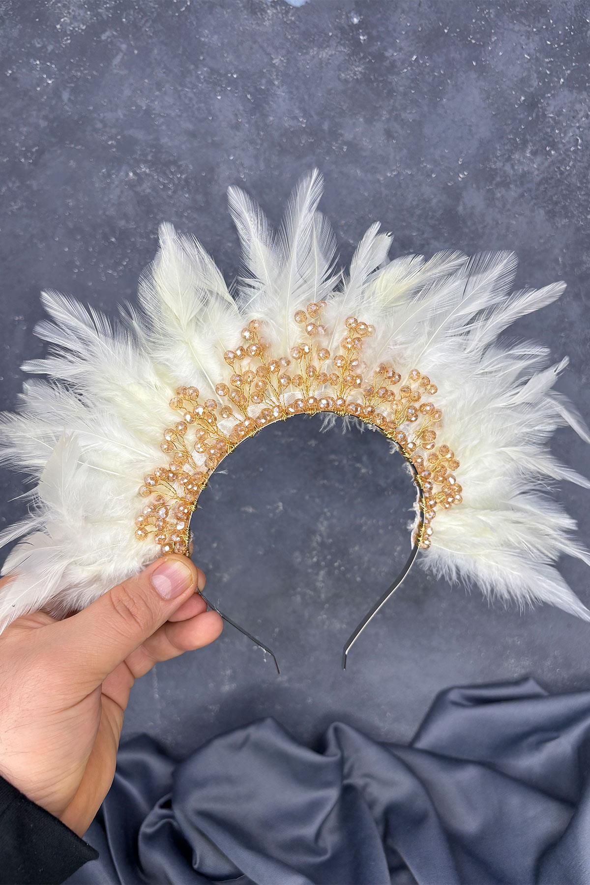 Tüylü Kristal Boncuklu Arden Gelin Kına Tacı