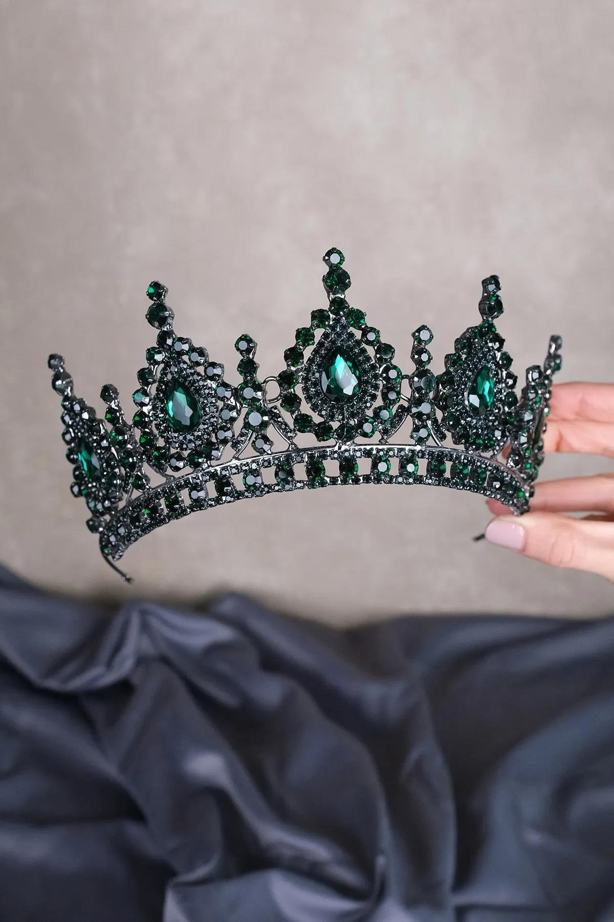 Yeşil Ahu Damla Kristal Taşlı Gelin Kına Tacı