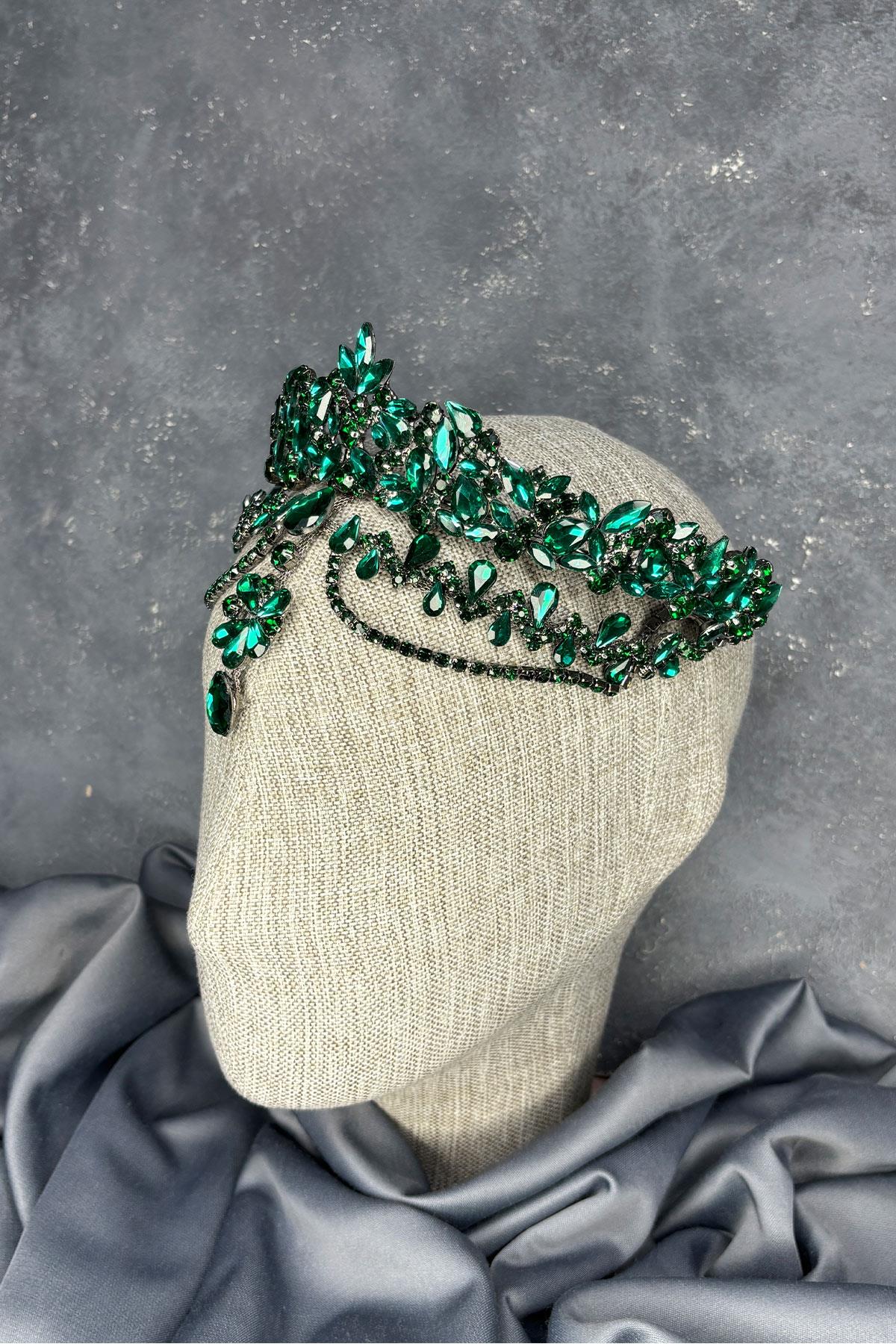 Yeşil Dali Alınlık Sallantılı Gelin Kına Tacı Saç Aksesuarı