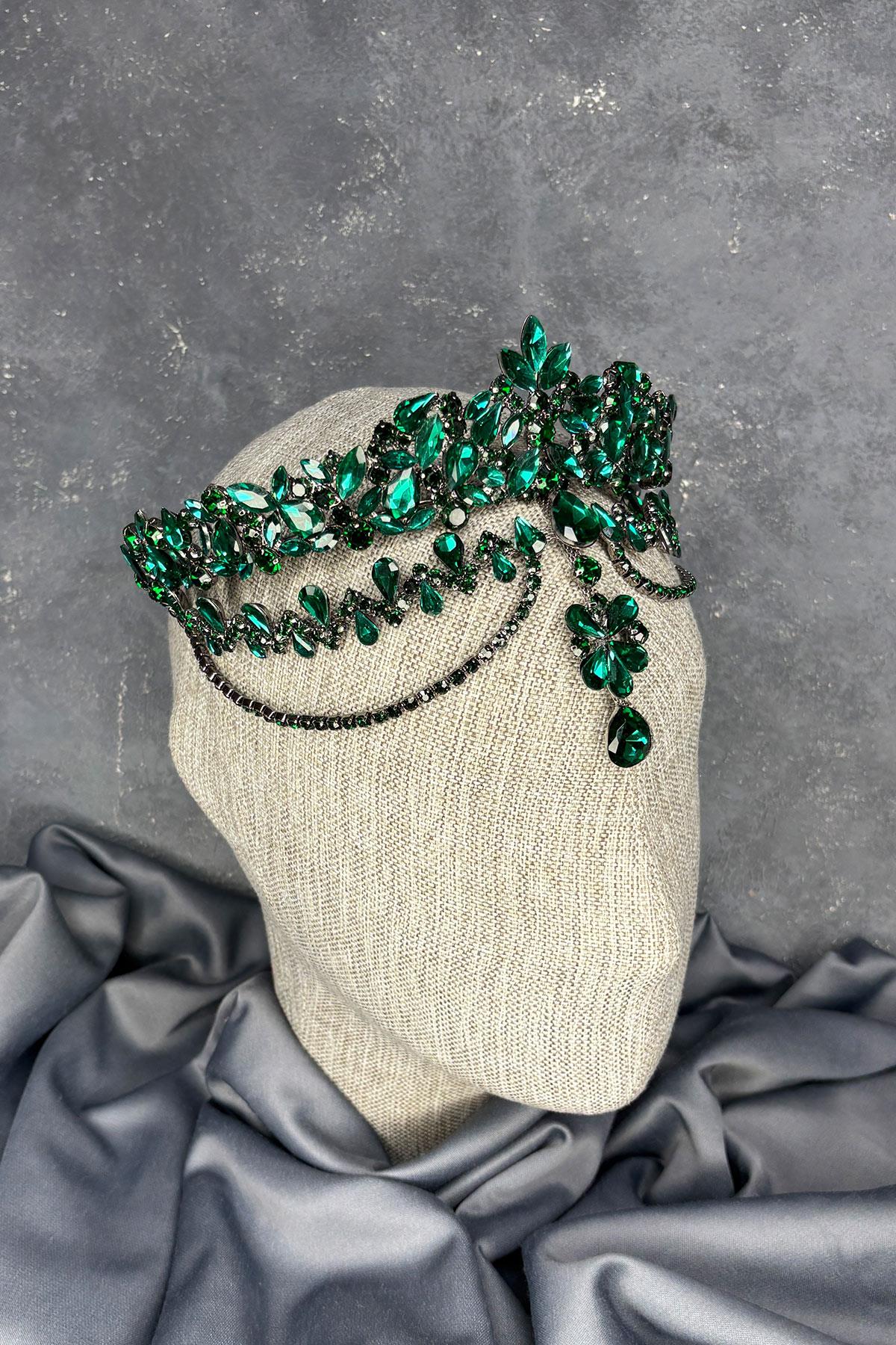 Yeşil Dali Alınlık Sallantılı Gelin Kına Tacı Saç Aksesuarı