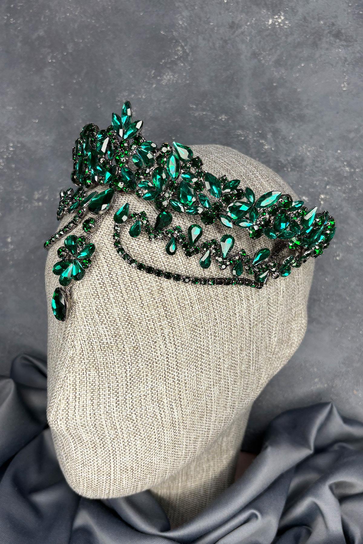 Yeşil Dali Alınlık Sallantılı Gelin Kına Tacı Saç Aksesuarı