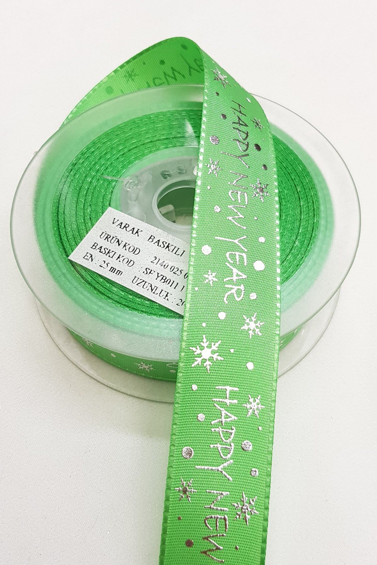 Yeşil Happy New Year Yılbaşı Grogren Kurdele 2,5 cm