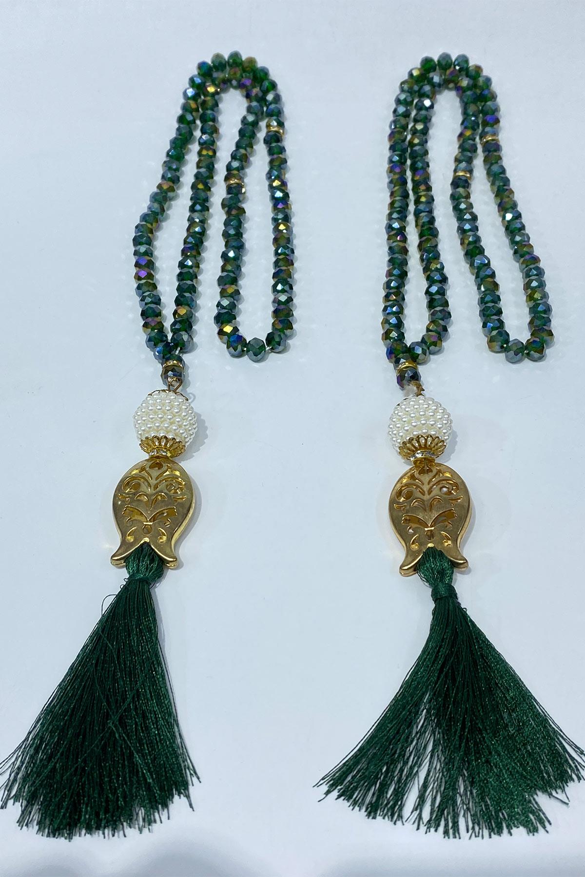 Yeşil Hediyelik Laleli Püsküllü Kristal Boncuklu 99 Lu Namaz Tesbihi ( Mevlüt-sünnet-hac-umre)