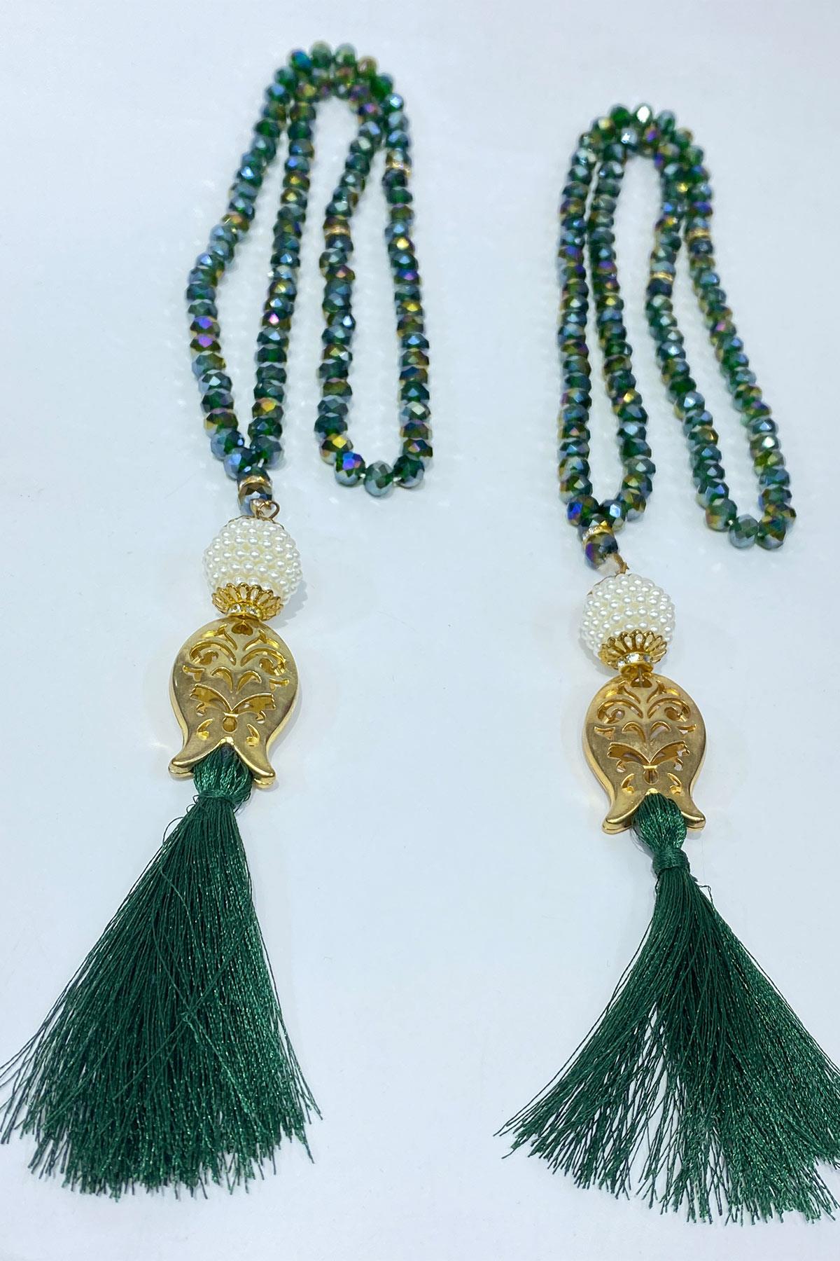 Yeşil Hediyelik Laleli Püsküllü Kristal Boncuklu 99 Lu Namaz Tesbihi ( Mevlüt-sünnet-hac-umre)