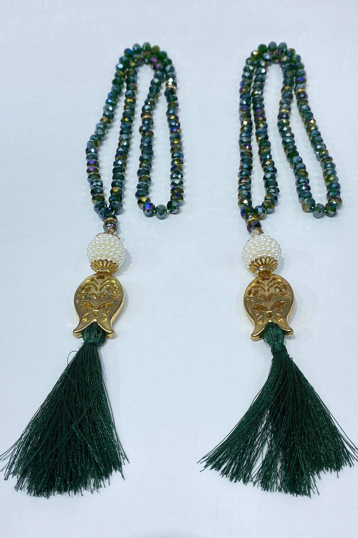 Yeşil Hediyelik Laleli Püsküllü Kristal Boncuklu 99 Lu Namaz Tesbihi ( Mevlüt-sünnet-hac-umre)