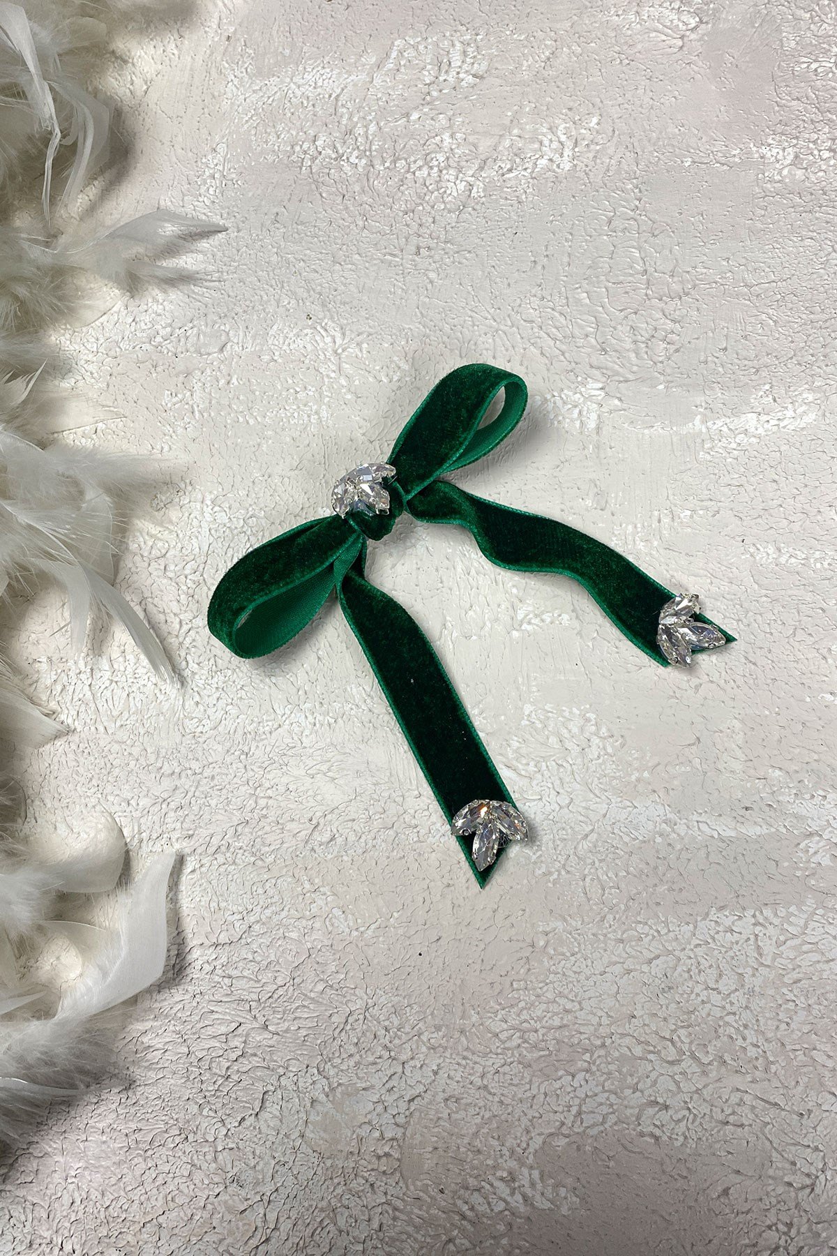 Yeşil Kadife Kurdeleli Taşlı Fiyonklu Saç Tokası