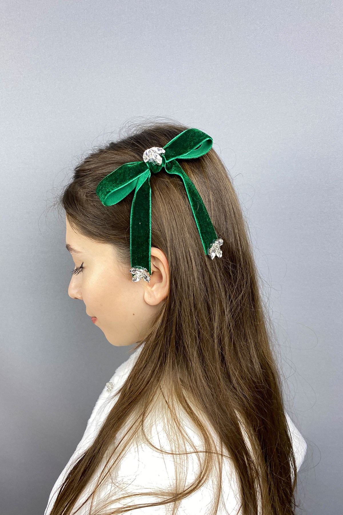 Yeşil Kadife Kurdeleli Taşlı Fiyonklu Saç Tokası