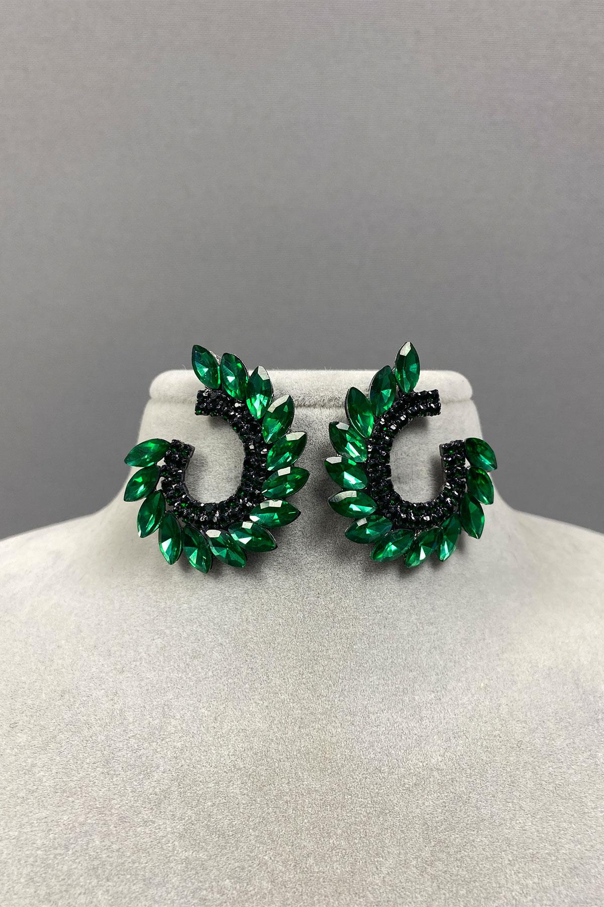 Yeşil Mekik Hera Yaprak Desen Taşlı Abiye Küpe